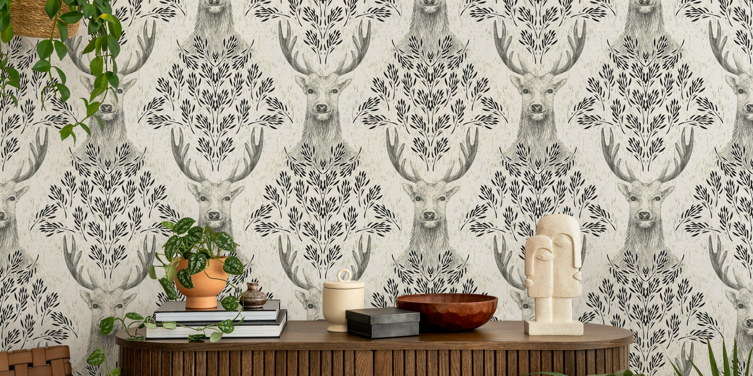 Deer in fern foliage black and white wallpaper