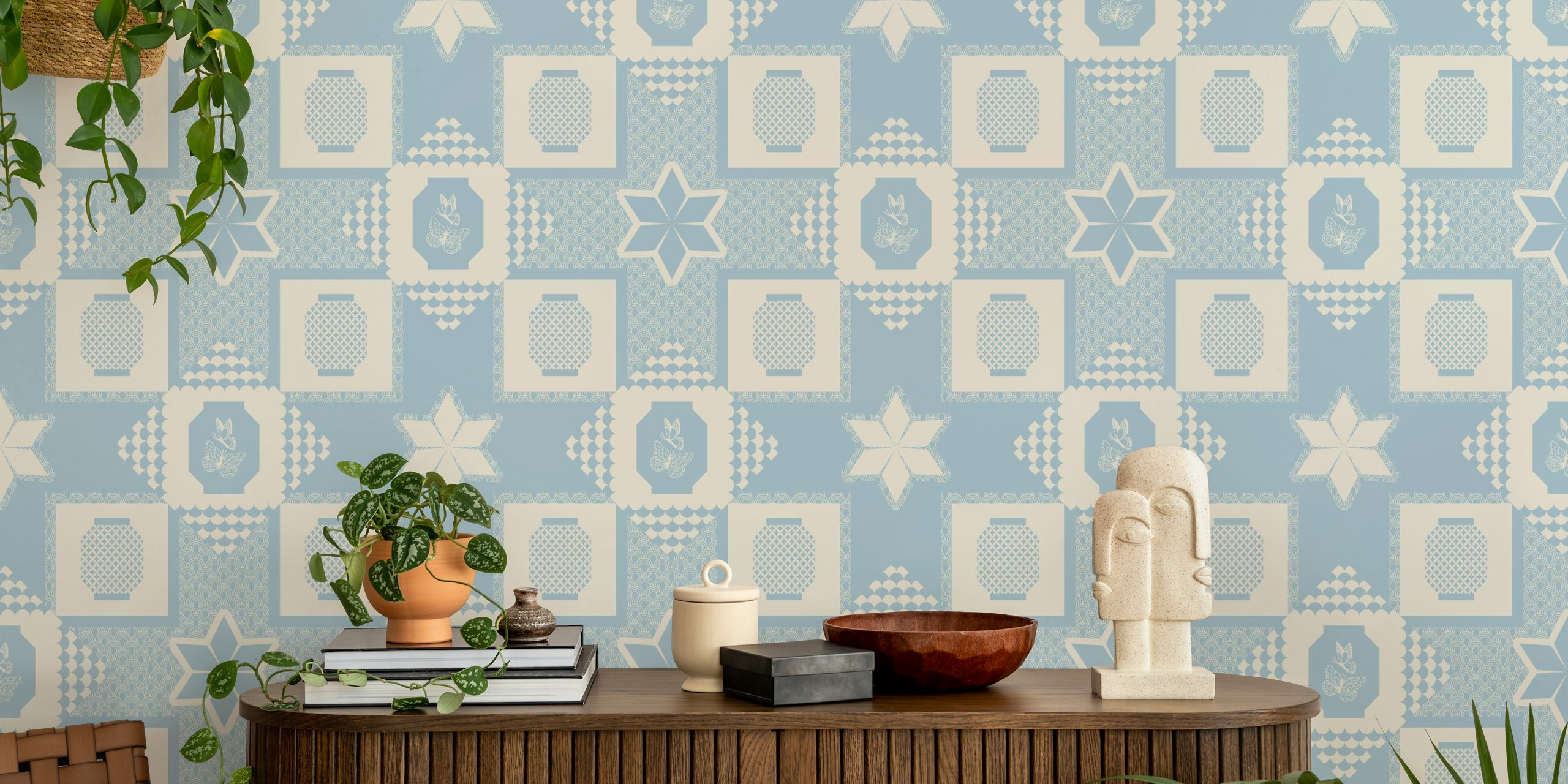 Geometric japandi lanterns tapet i ett rum
