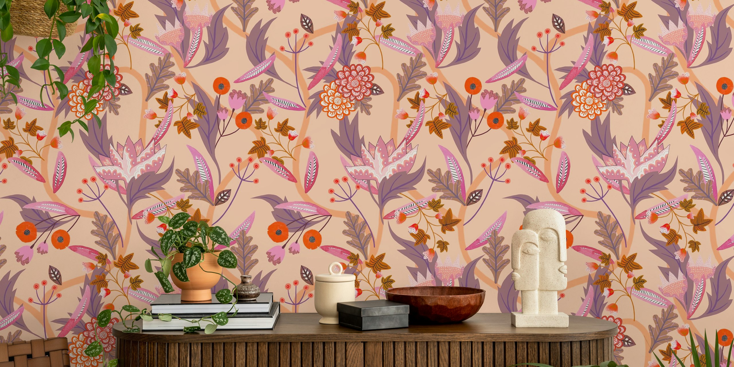 Eastern Delight Peach Neutral wallpaper in a room