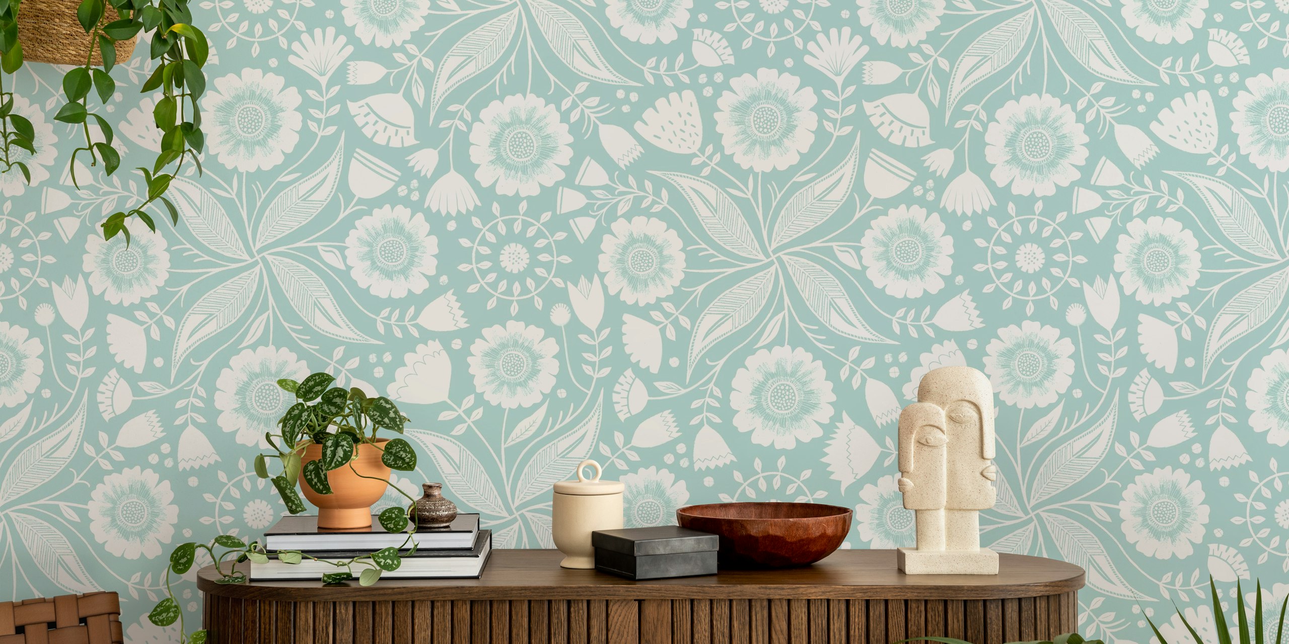 Light blue floral botanical wallpaper with white illustrations