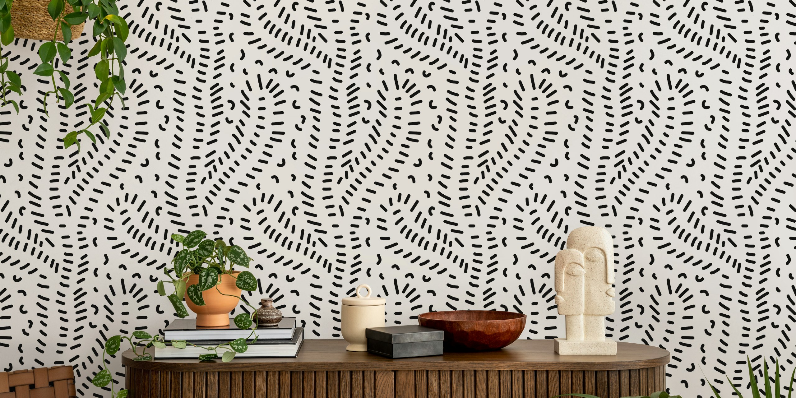 Doodled black cacti patterns on a white background wallpaper