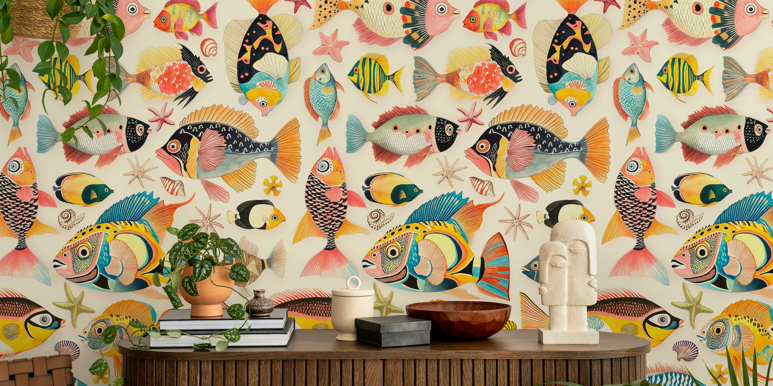 Vibrant fish wallpaper in a stylish setting