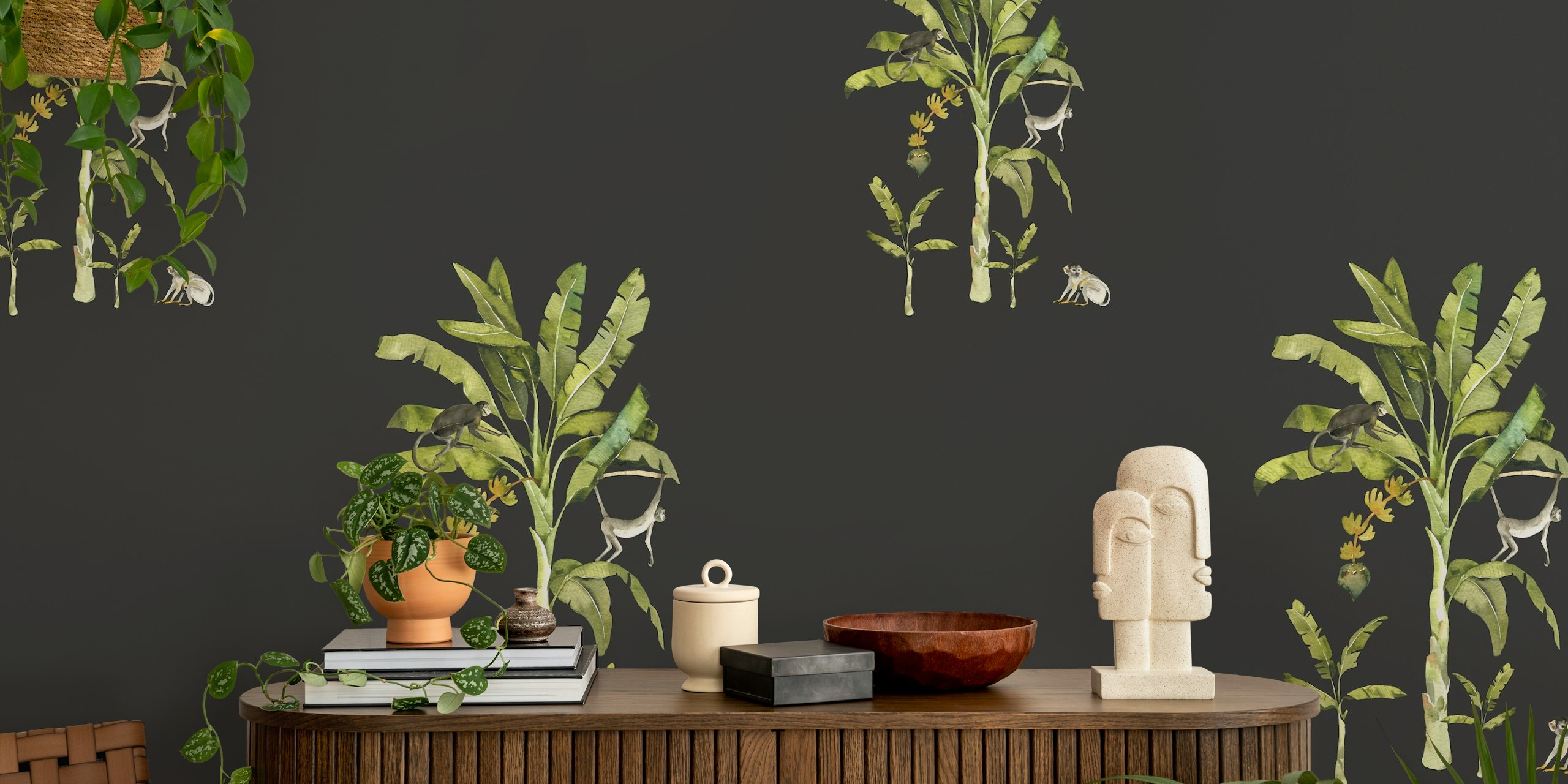 Tropical jungle with monkeys, green leaves, off-black wallpaper