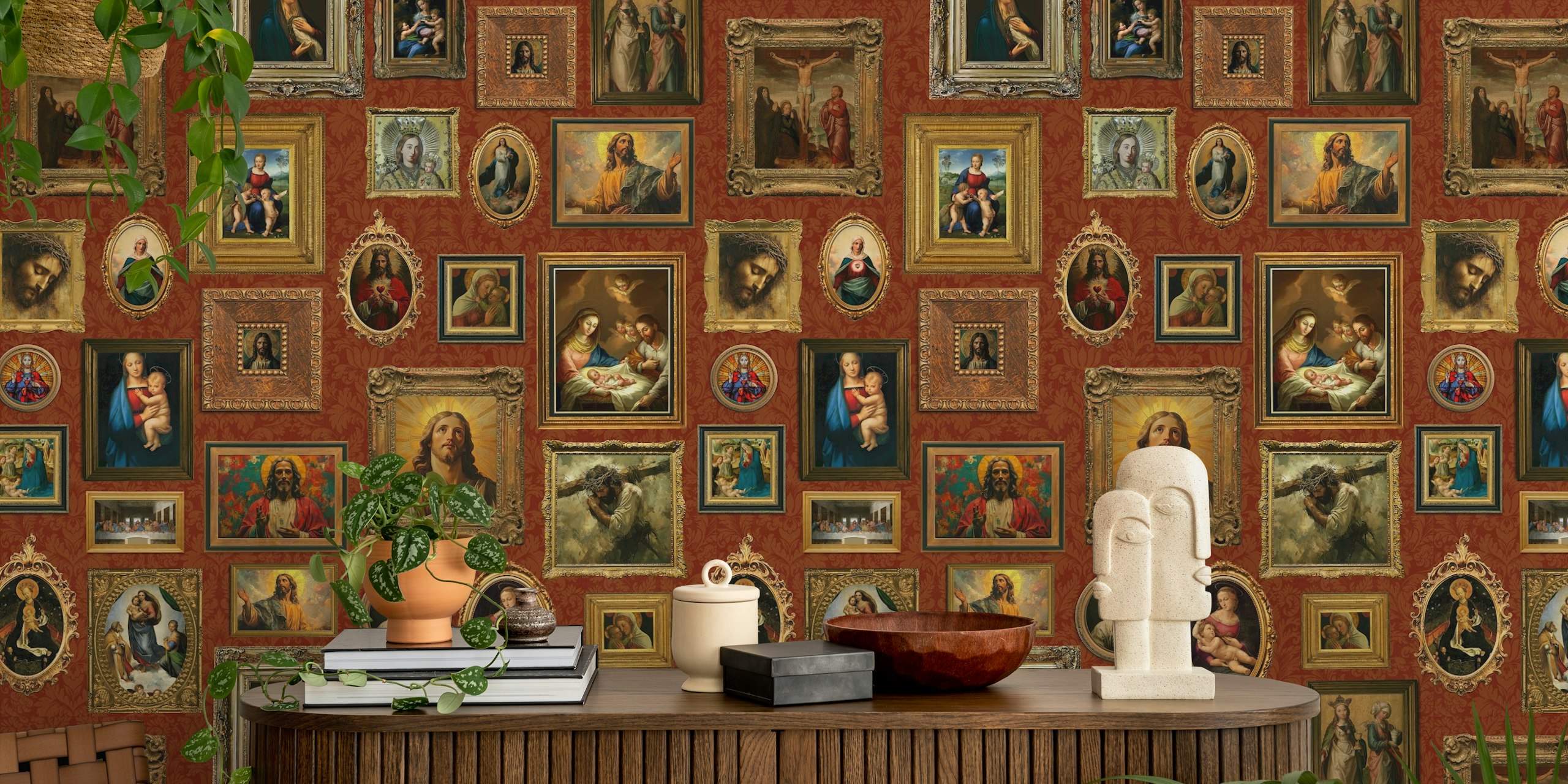 Classic religious art framed portraits in various shapes and sizes on a red background wallpaper.