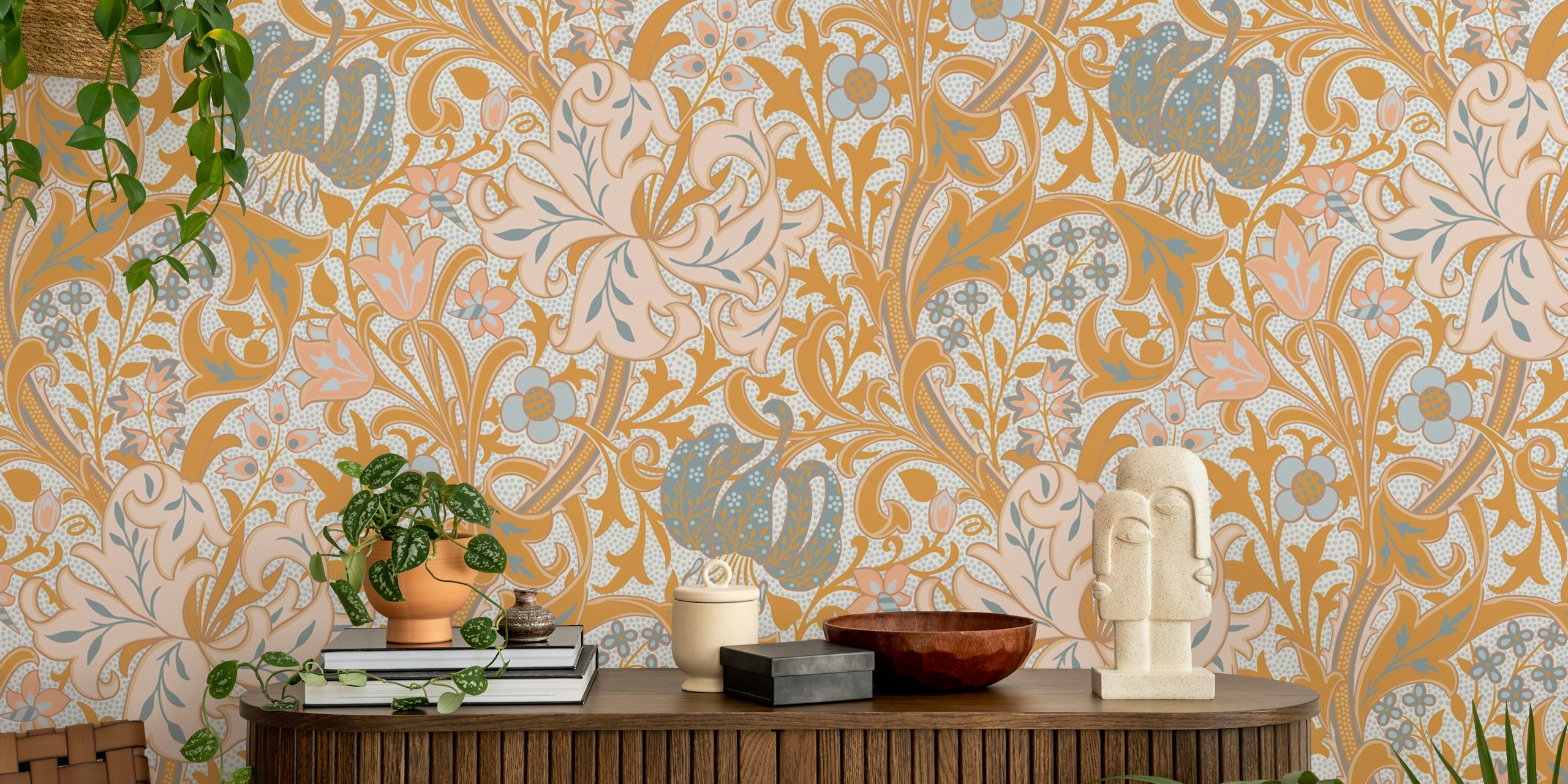 Floral pattern with gold, peach, and blue hues wallpaper