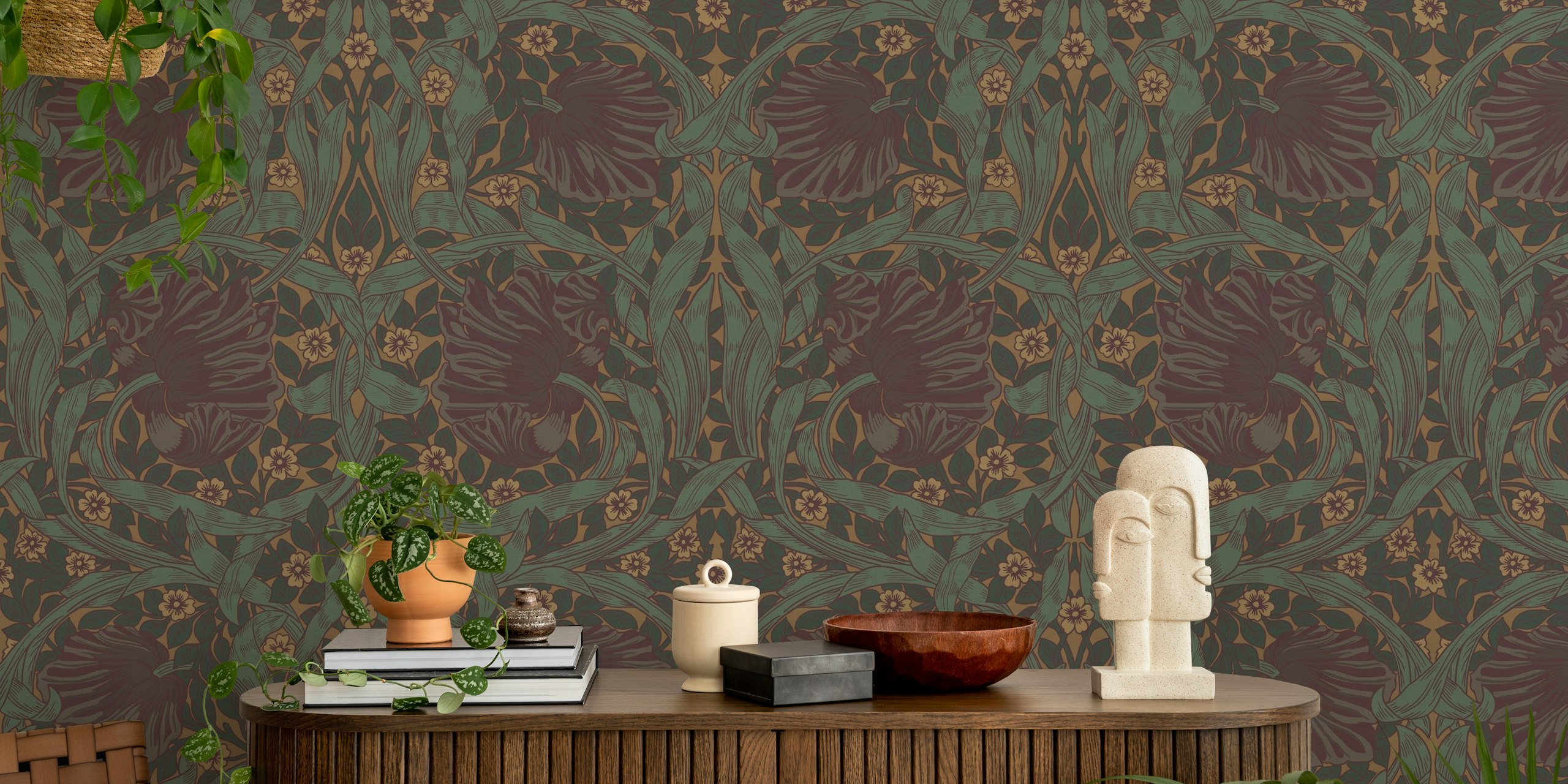 Dark green and purple vintage floral pattern wallpaper