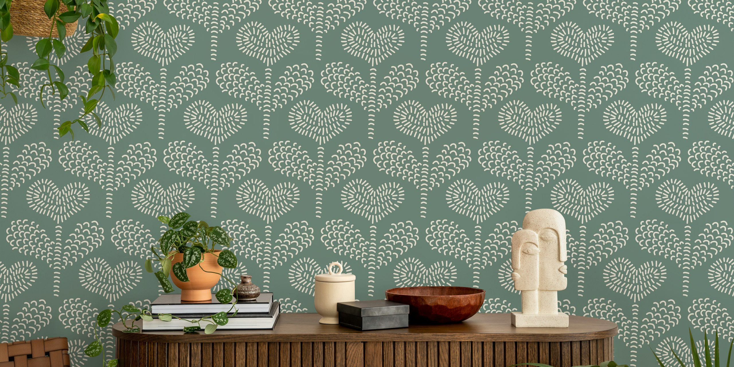 Whimsical heart floral patterns in white over sage green wallpaper