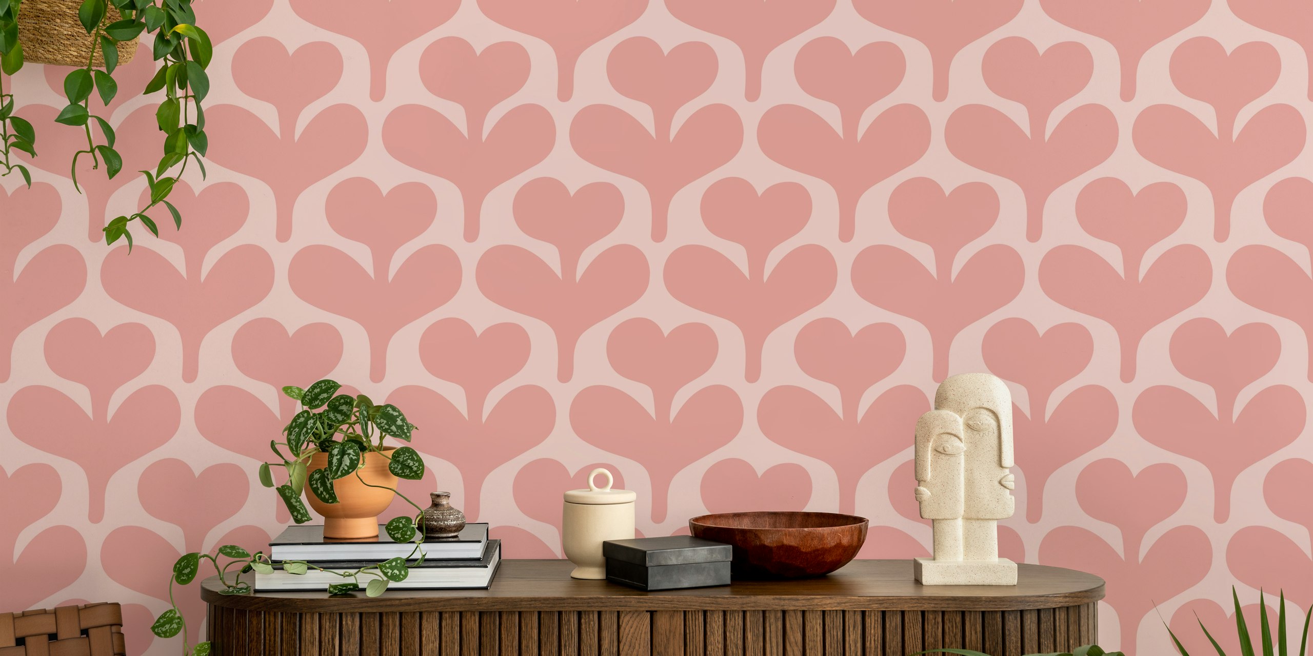 Heart shaped flowers in gentle pink on soft pink background wallpaper