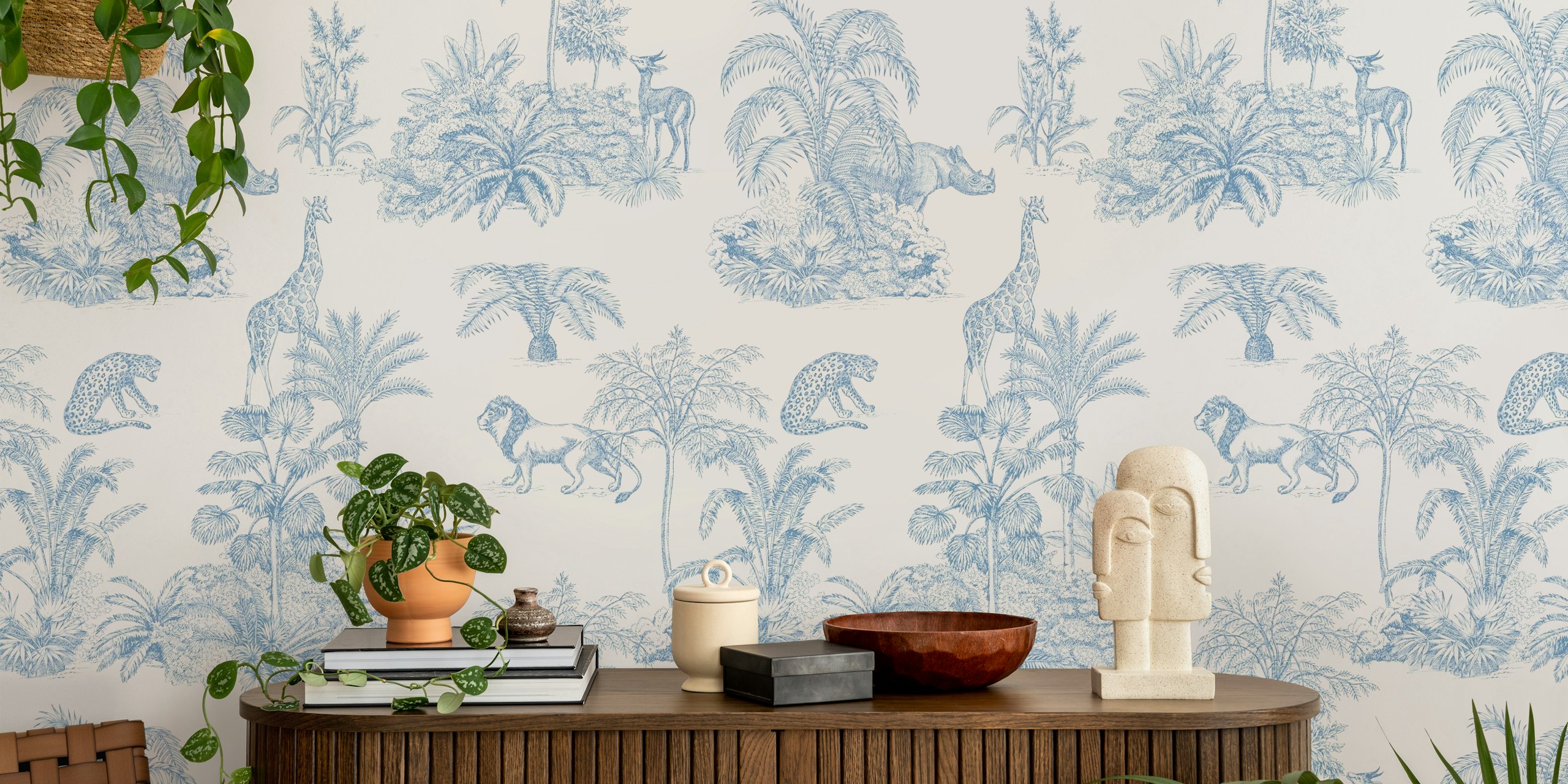 Wallpaper Blue Toile Jungle Scene en una habitación