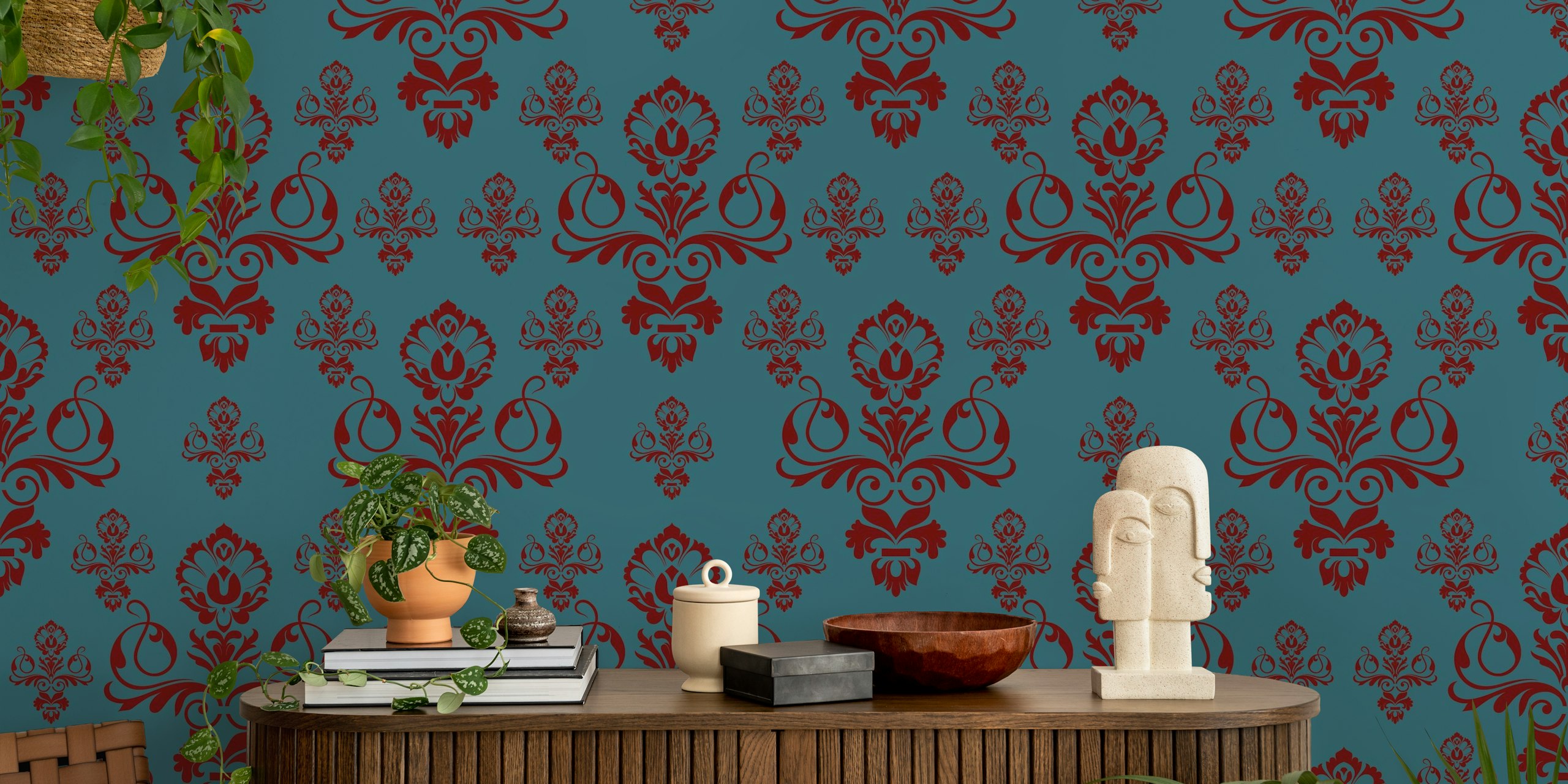 Floral damask wallpaper in tiefrotte marmor