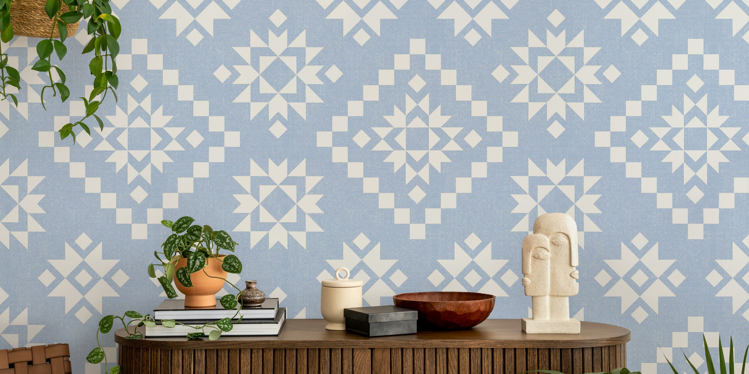 Soft blue South Western Star wallpaper in a room