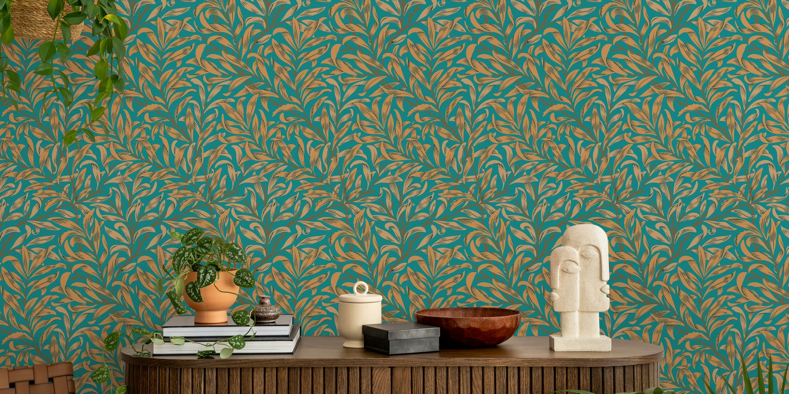 Emerald green botanical wallpaper with gold leaf motifs in a repeat pattern.