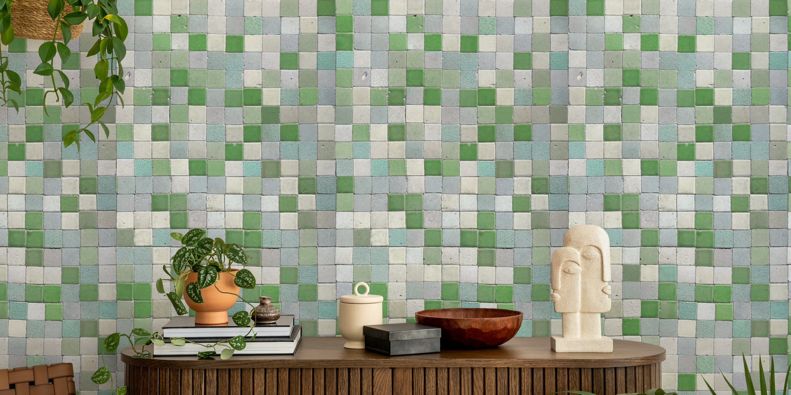 Green vintage tile art wallpaper featuring a patchwork of green and gray tiles