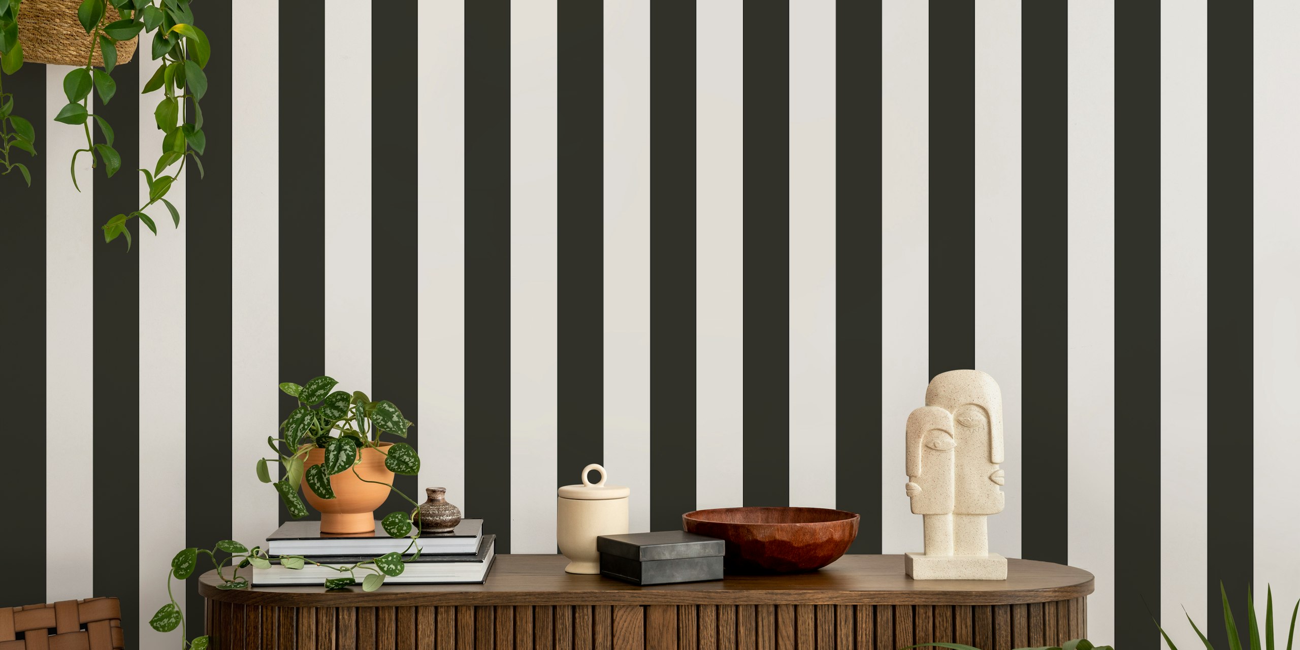 Wide black and white stripes wallpaper in nautical style