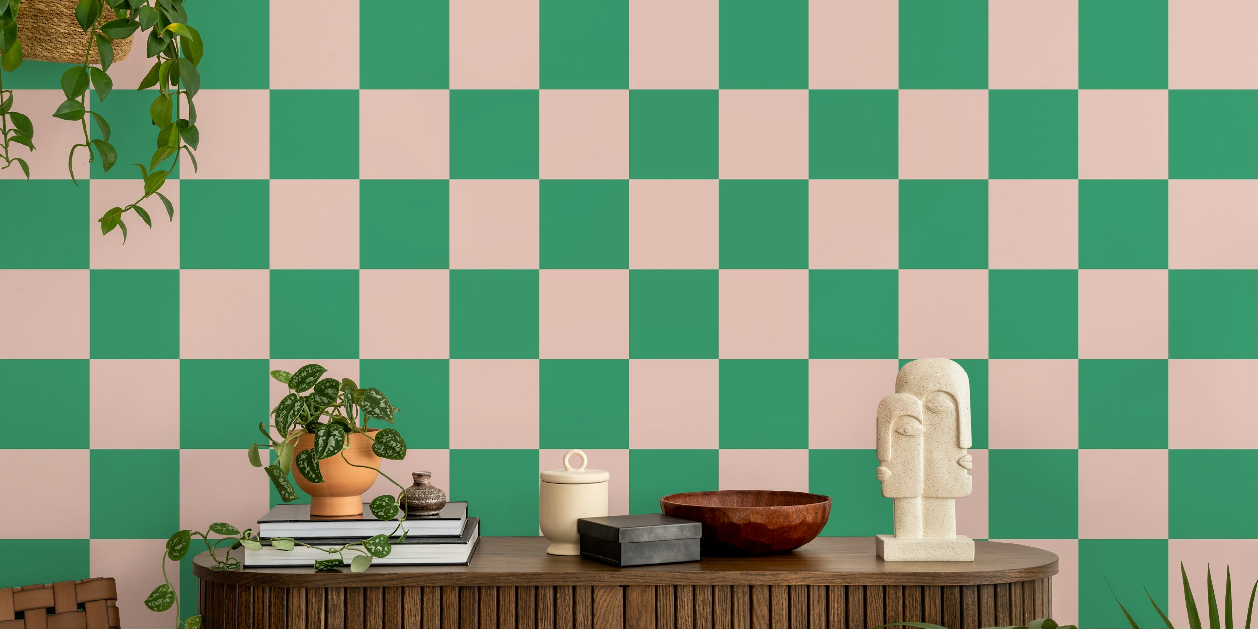 Pink and green checkerboard wallpaper in a room