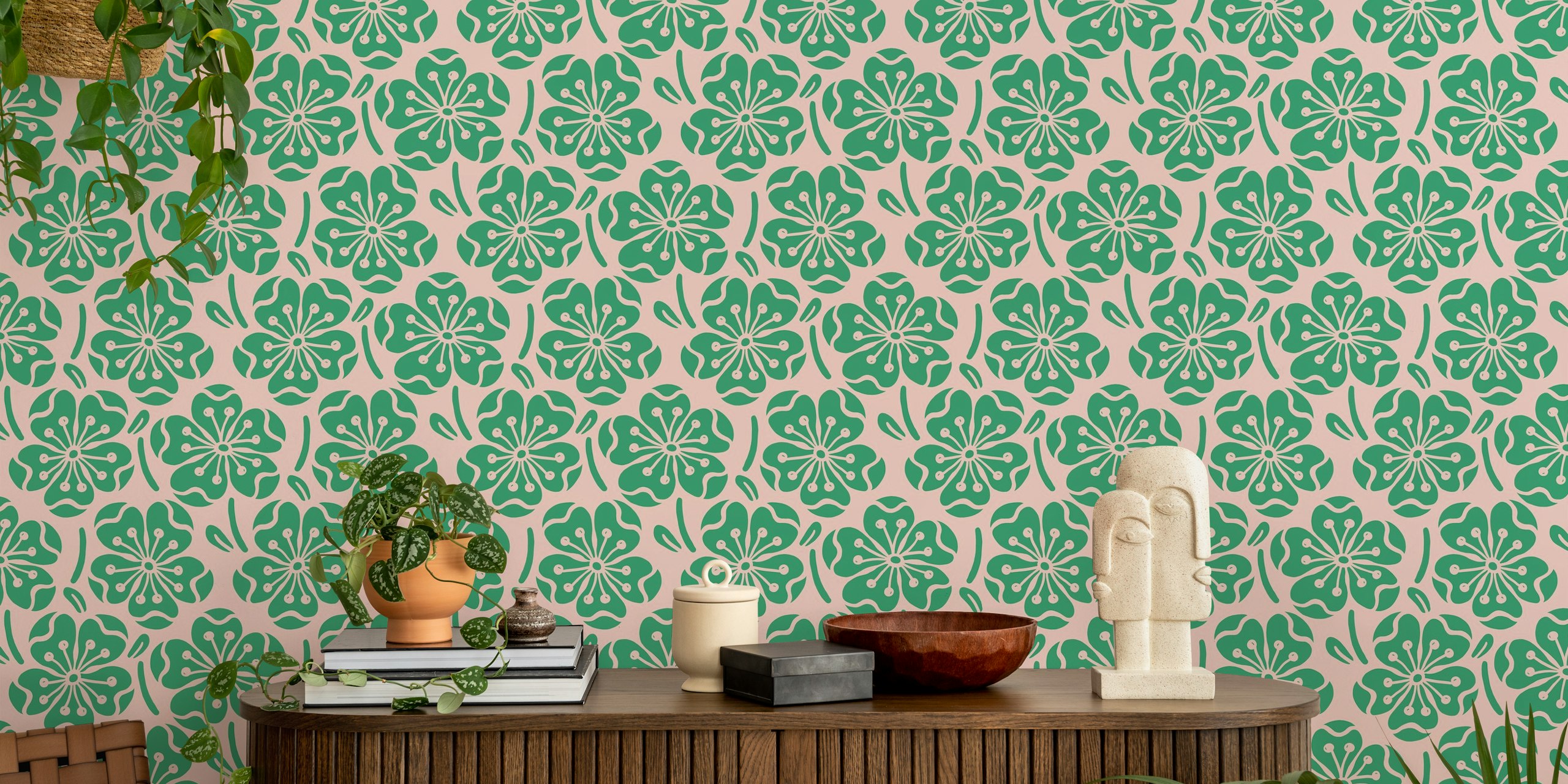 Pink and Green Bloom 2 floral wallpaper