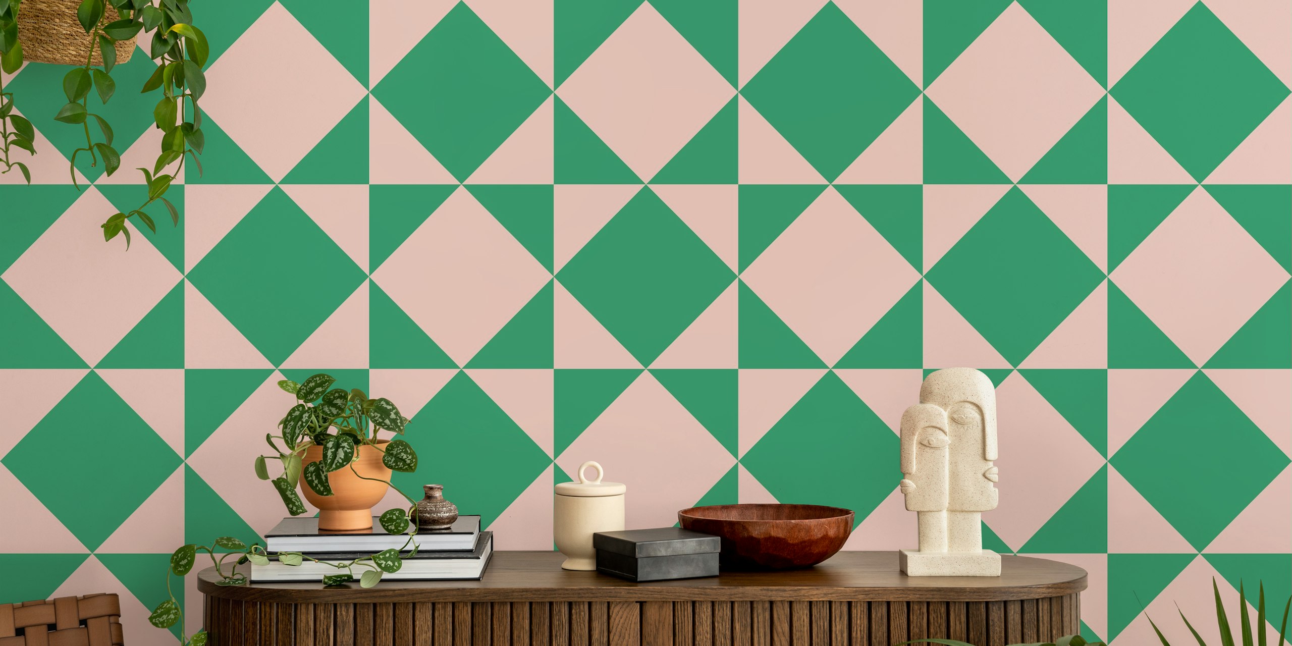 Geometric diamond pattern in pink and green wallpaper
