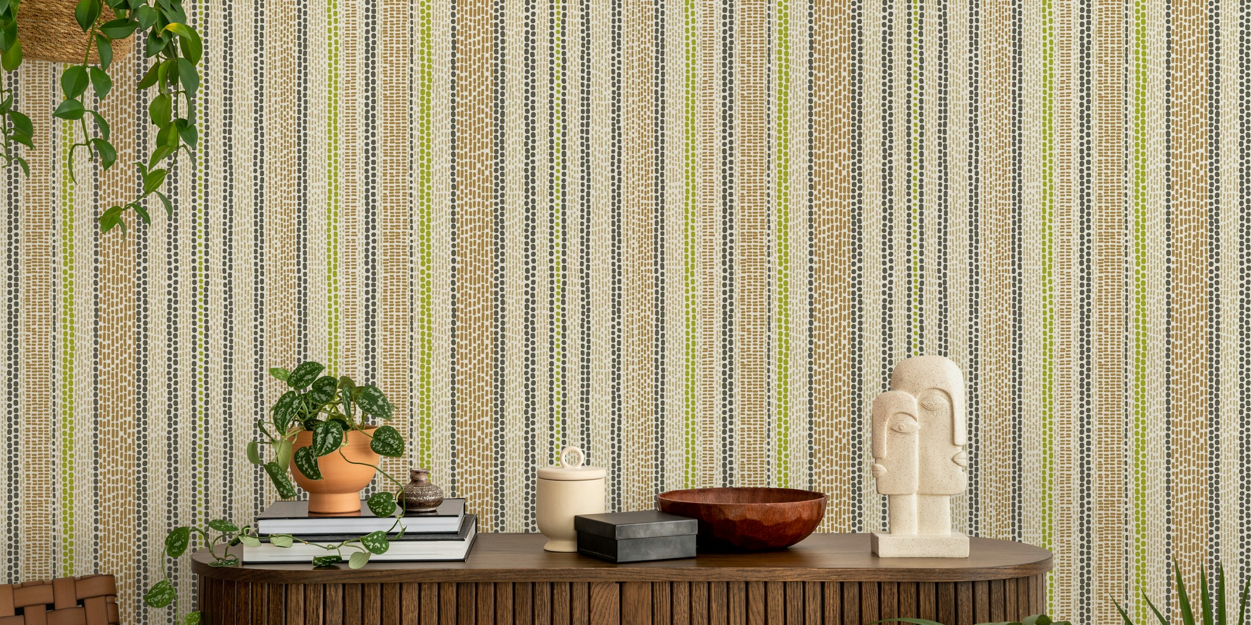 Handwoven striped pattern in khaki, green, and black colors wallpaper