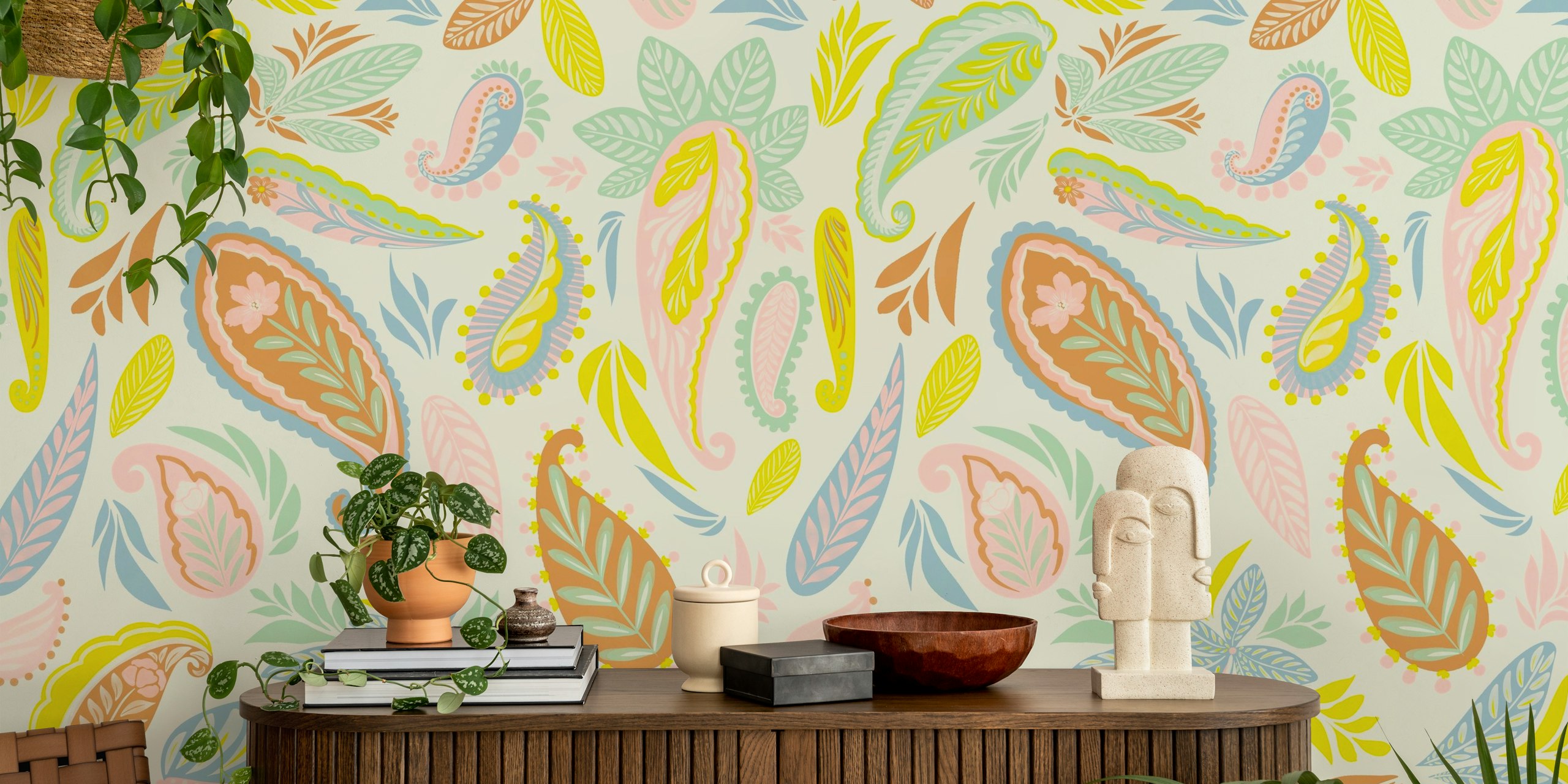 Whimsical Paisley Leaves behang in een kamer