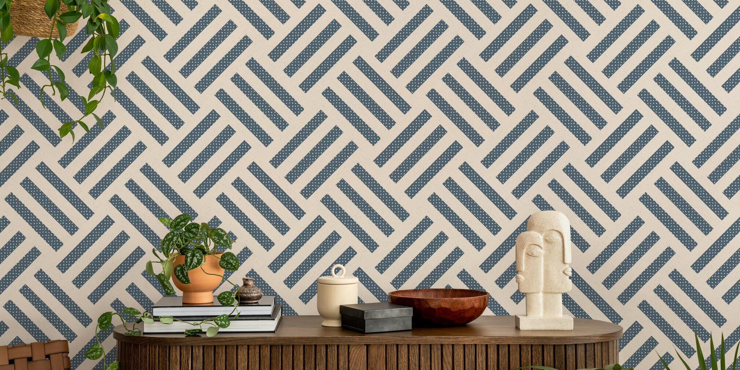Modern striped tiles in slate blue and off-white