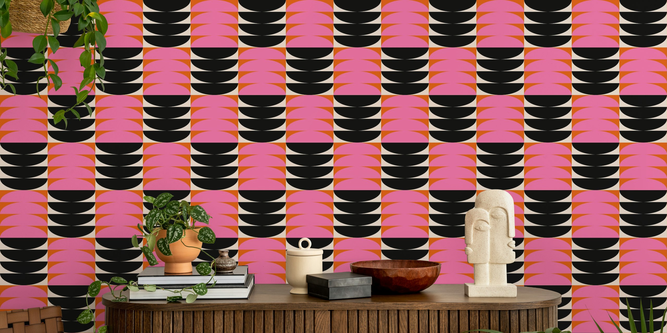 Pink and orange geometric patterns with black accents wallpaper