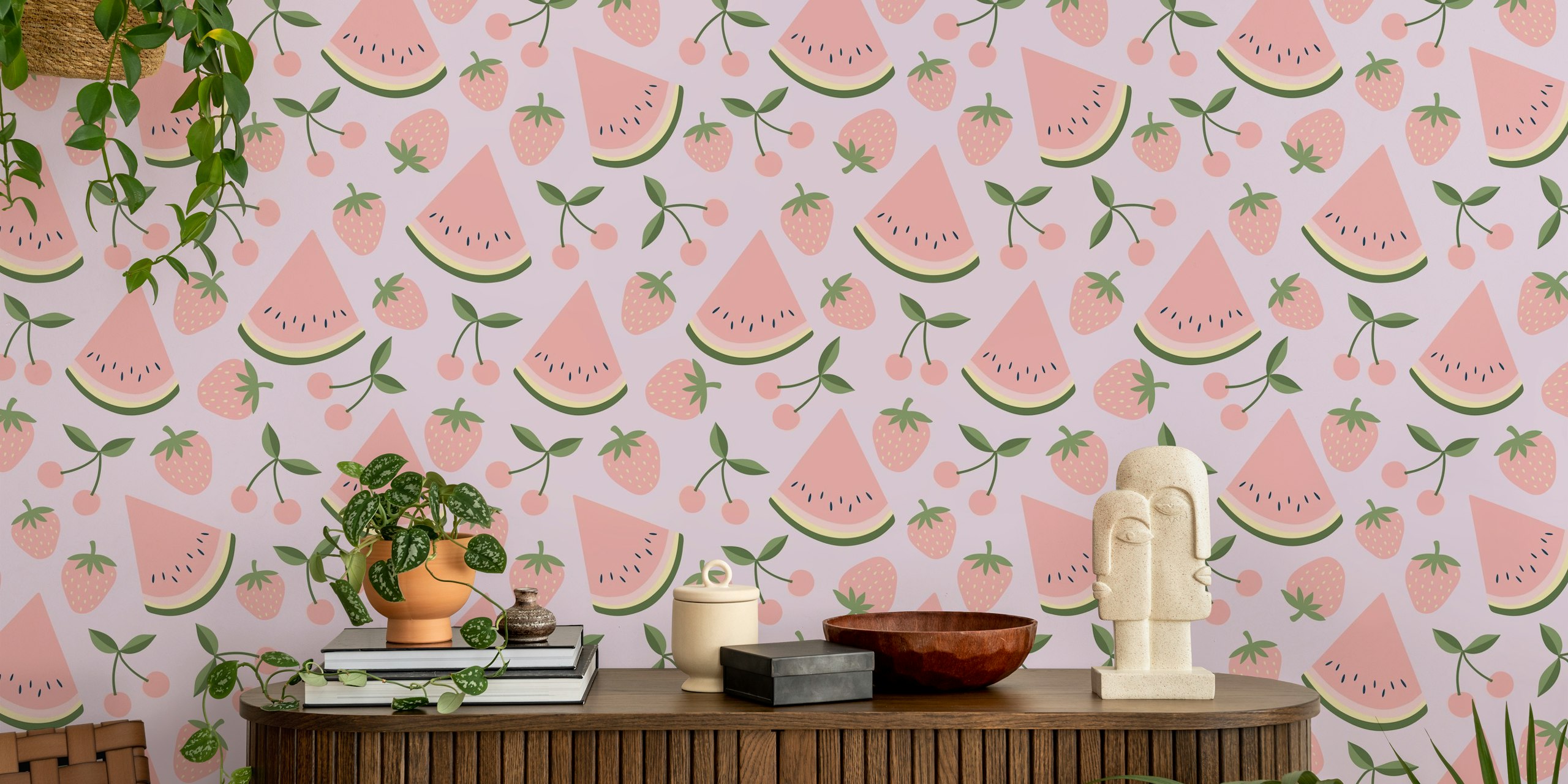 Frugtig tapetdesign i et lilac rum
