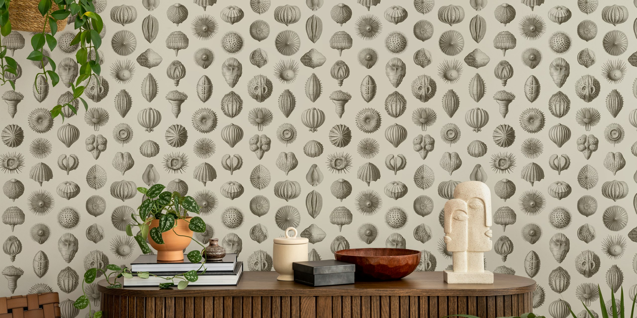 Various sea urchin shapes in umber and ivory wallpaper