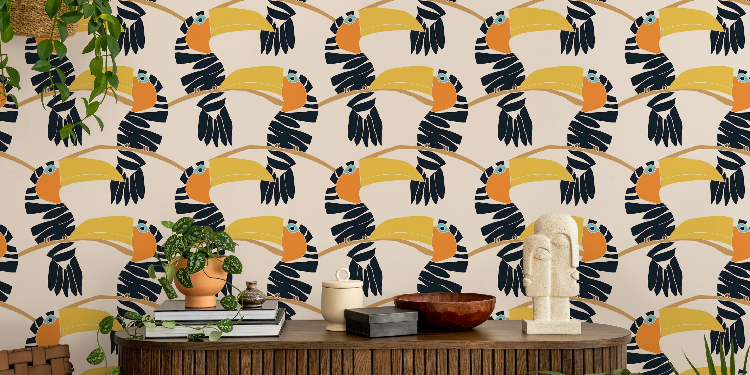 Colorful toucan illustrations with black and orange tones on light background wallpaper