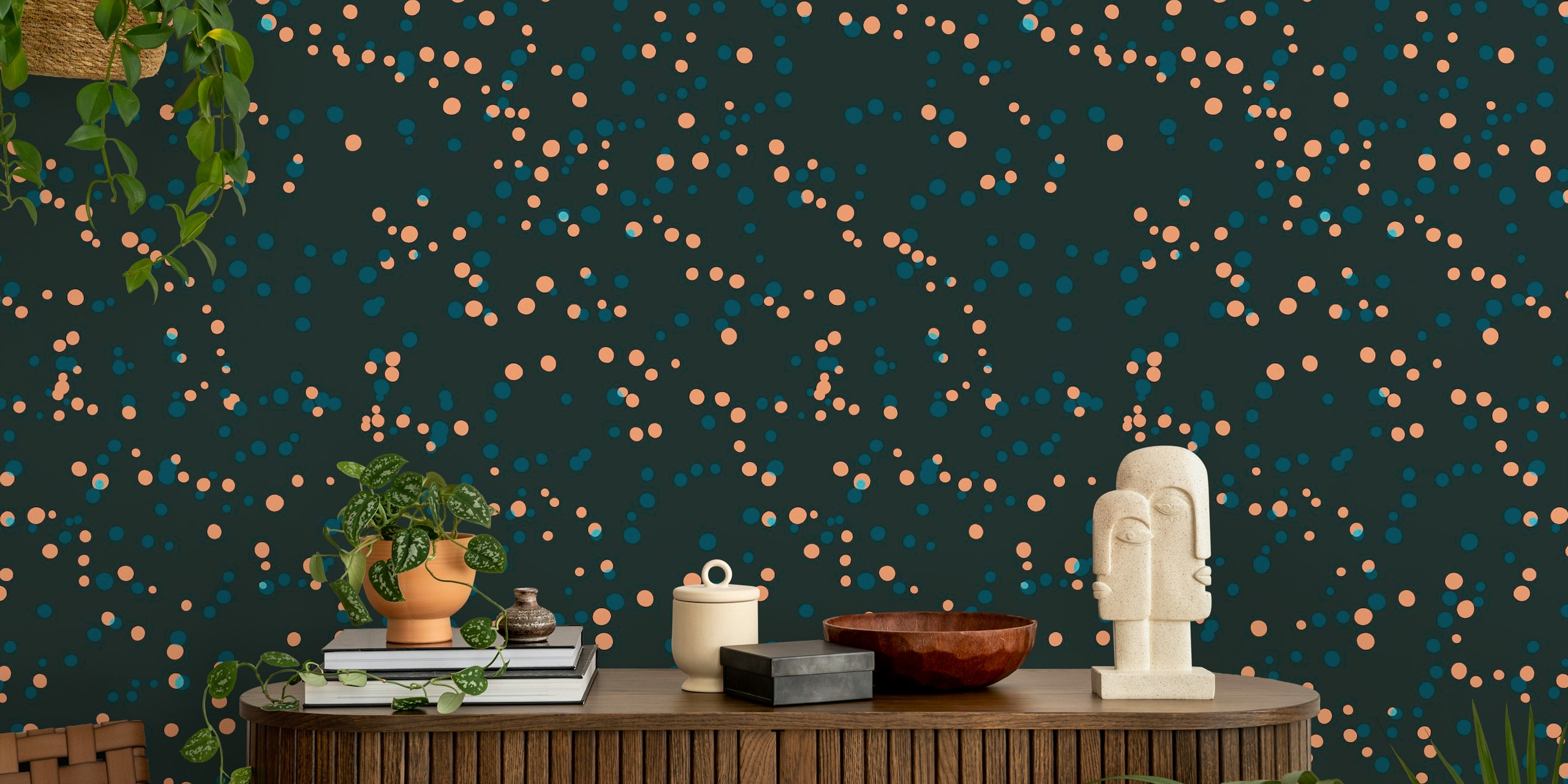 Celestial blue and peach polka dot wallpaper