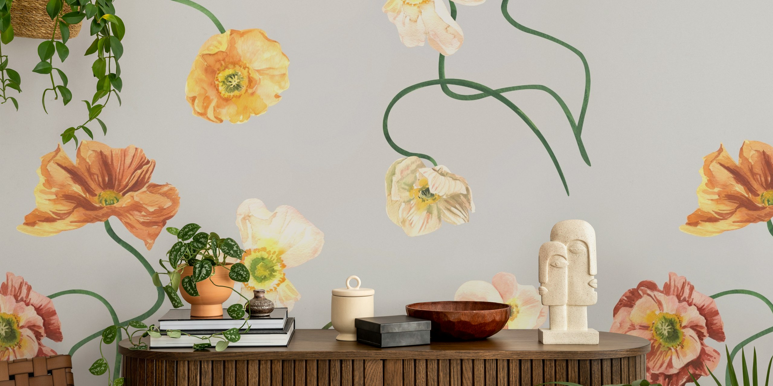 Golden and Blush Poppy Pattern wallpaper in a room