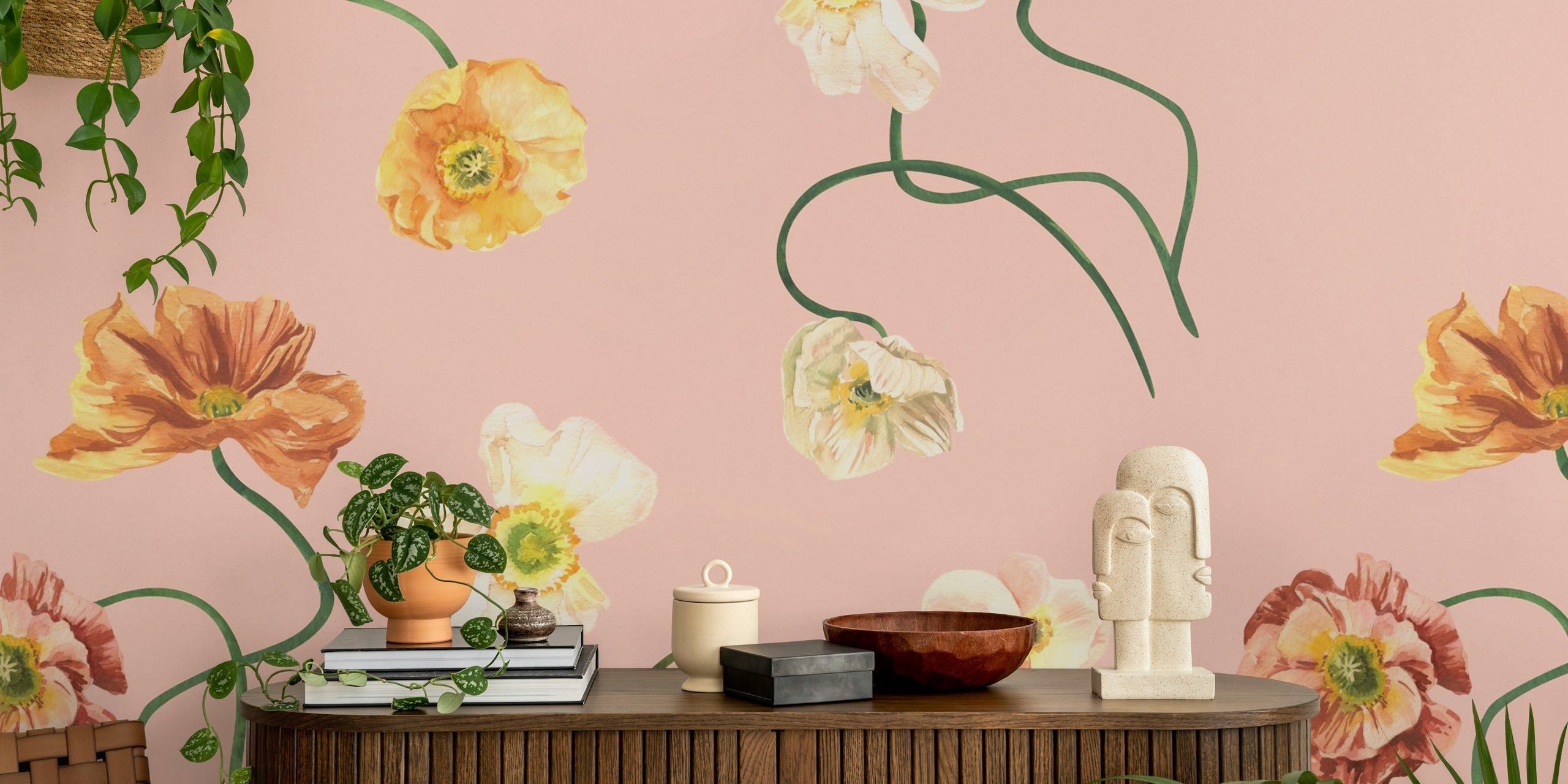 Romantic watercolor poppy pattern wallpaper