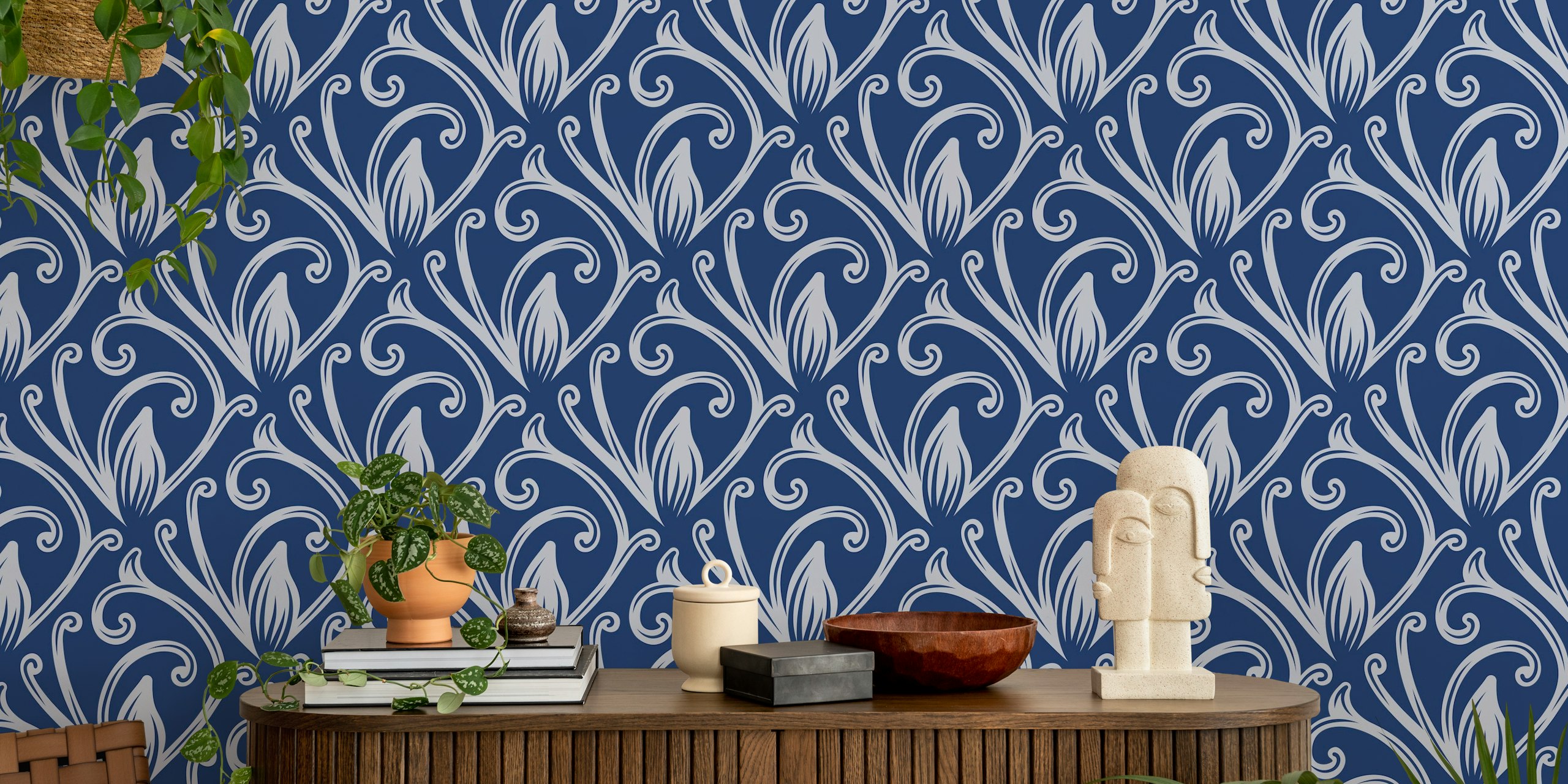 Navy background with white baroque floral acanthus design wallpaper