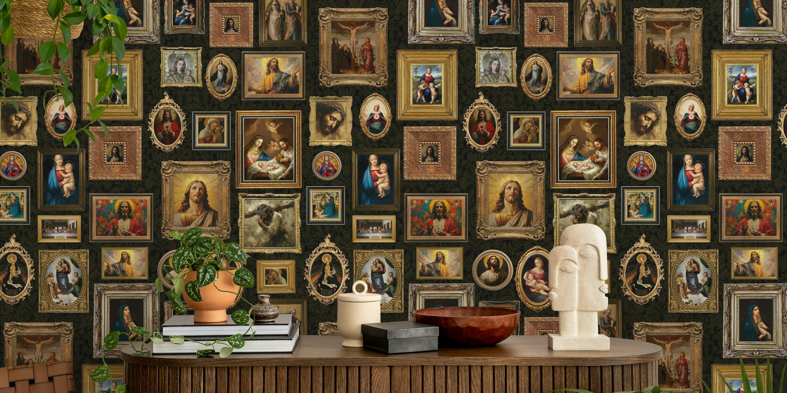Vintage art gallery wallpaper featuring classic paintings in ornate frames on dark background.