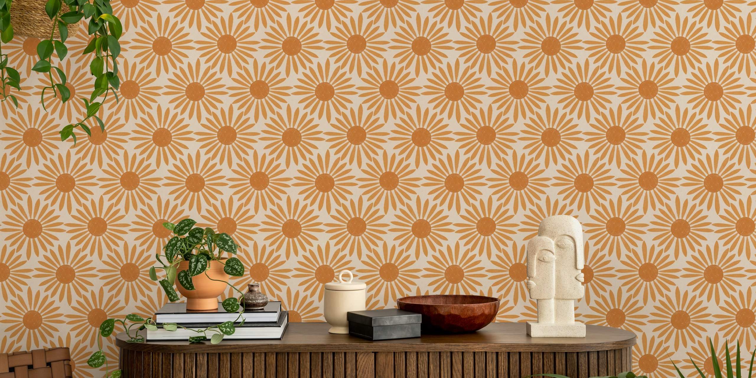 Motif géométrique de soleil en ocre sur fond crème wallpaper