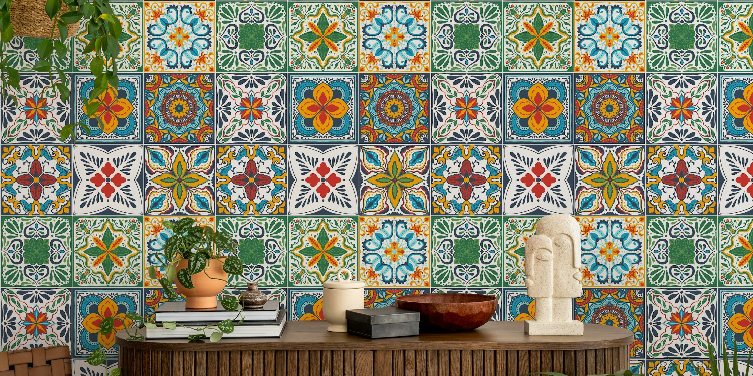 Talavera inspired tiles wallpaper in una stanza