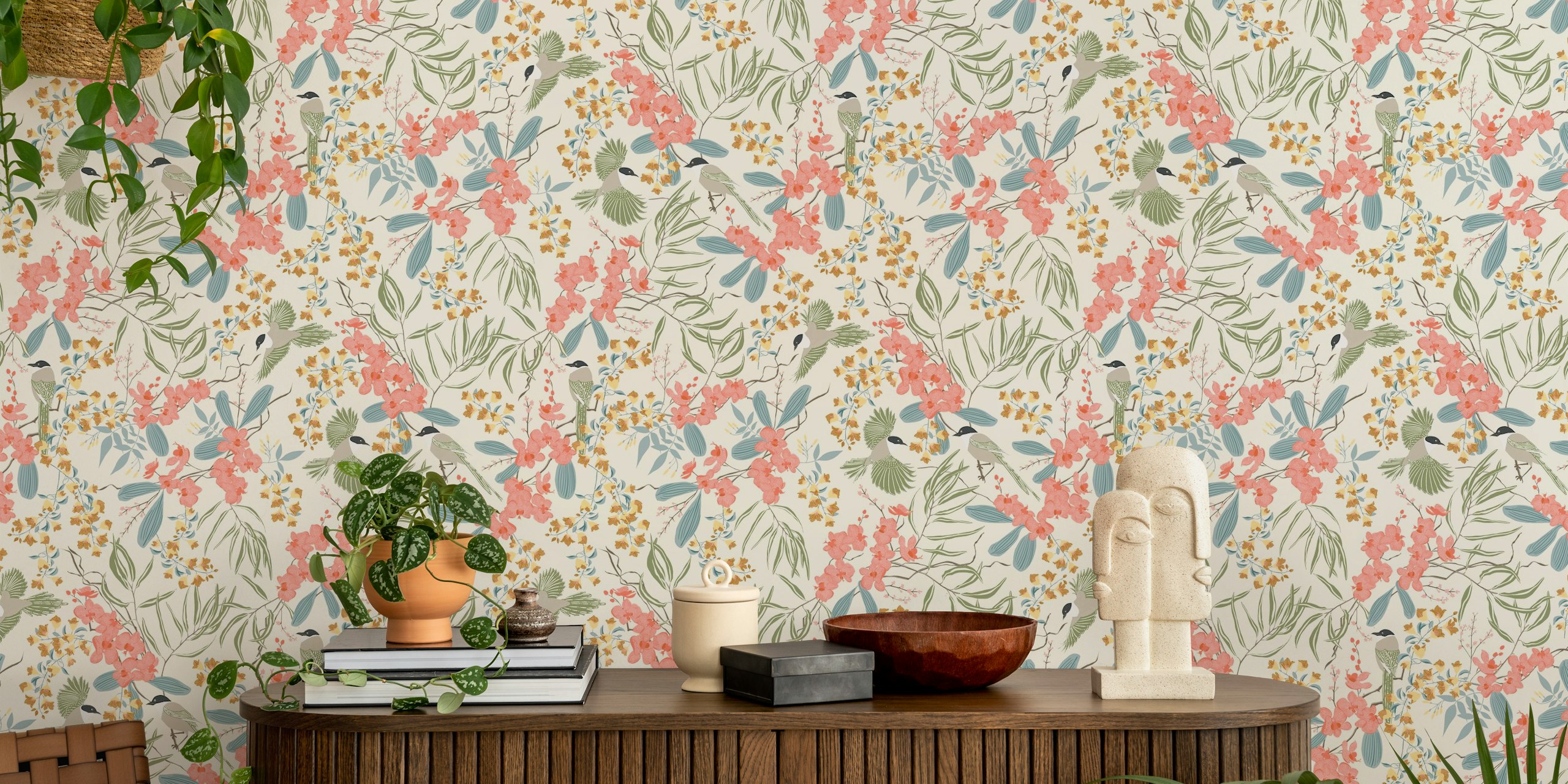 Magpie Floral Blooms wallpaper in una stanza