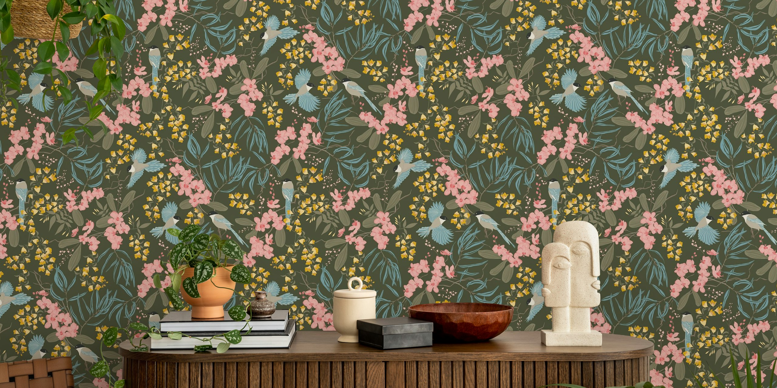 Floral pattern featuring magpies, pink blooms and green leaves wallpaper