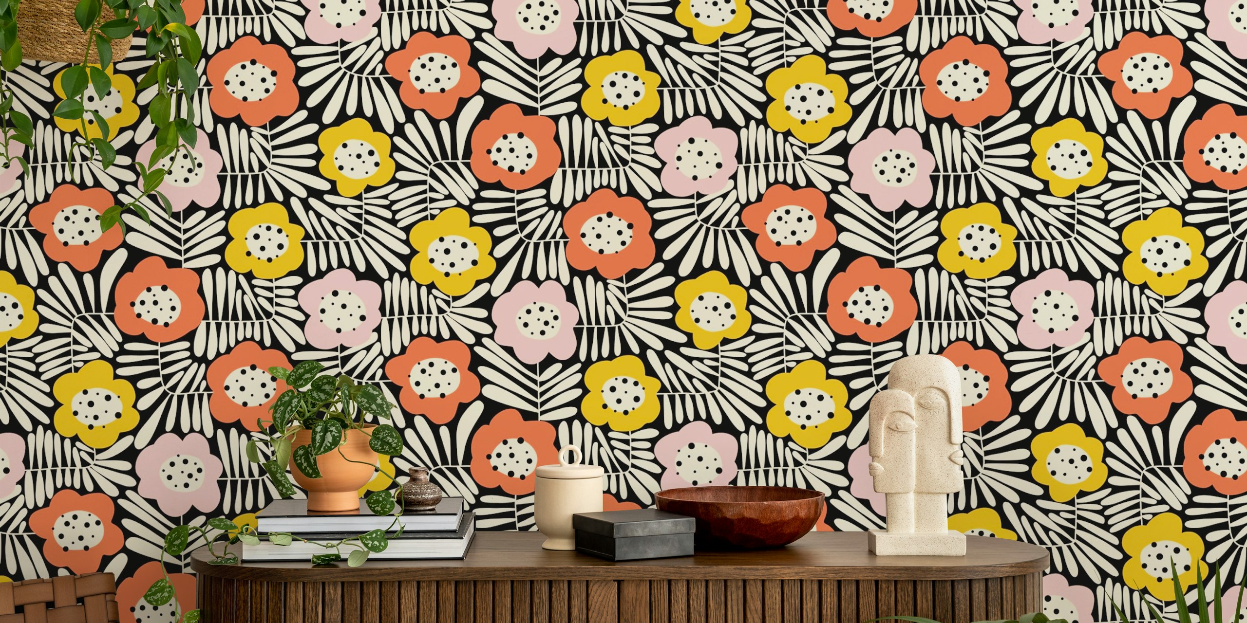 Colorful floral pattern in pink, ochre, and black wallpaper