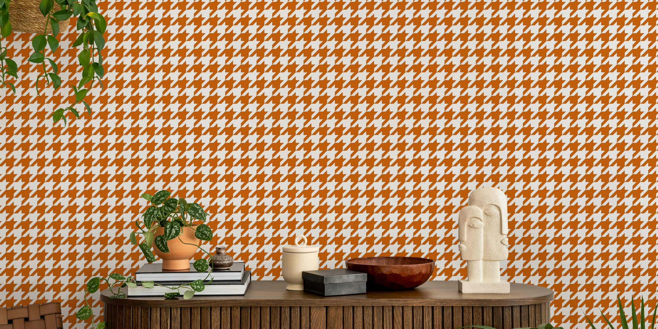 Brown houndstooth wallpaper in a room