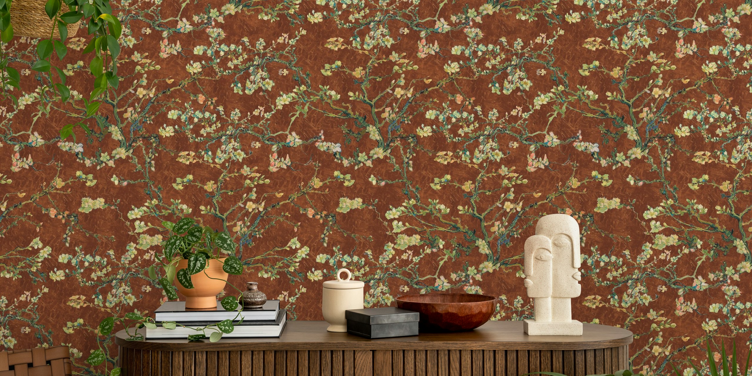 Almond blossom branches on rust brown background wallpaper