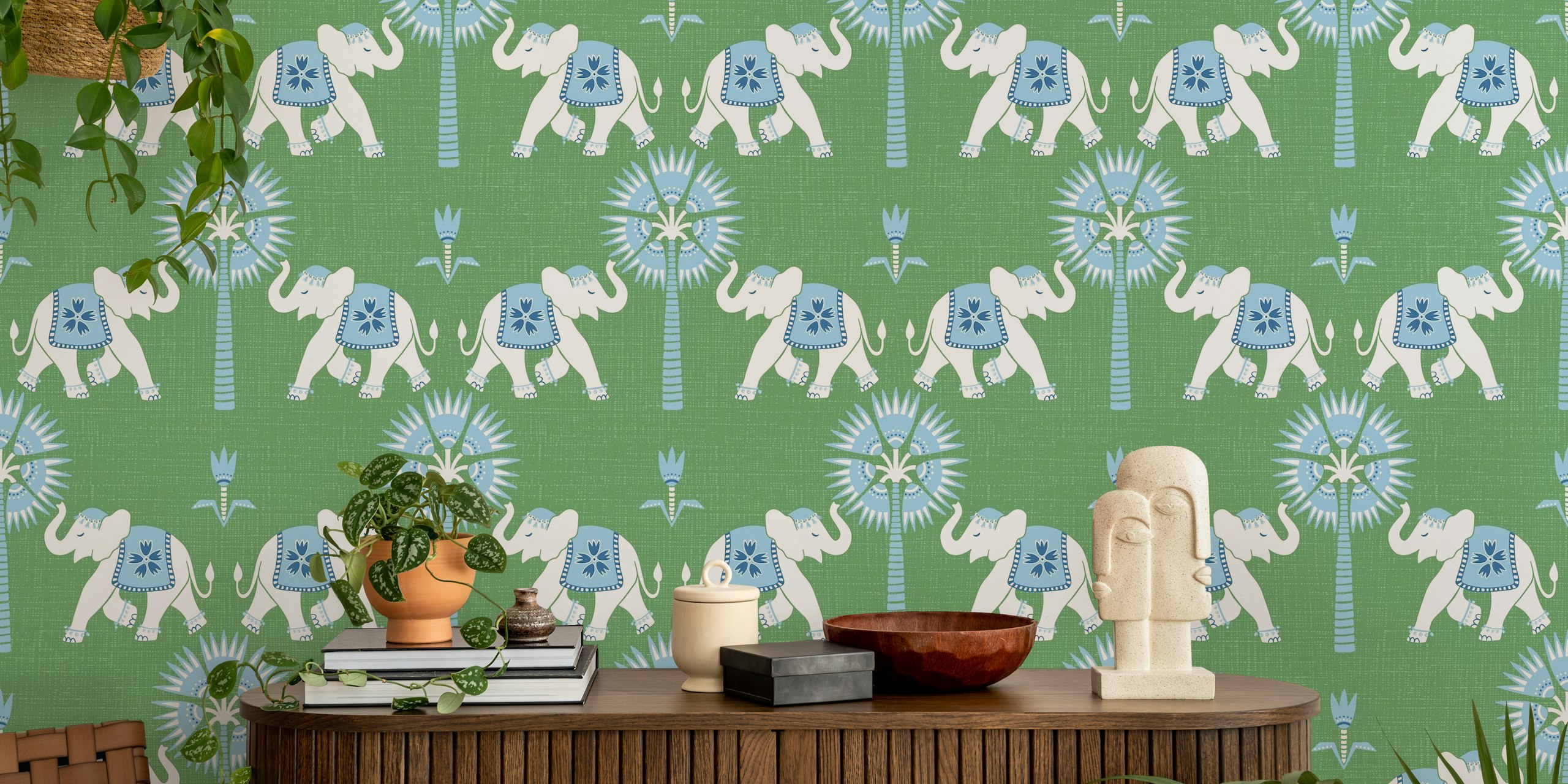Elephant and palm tree patterns in blue and green textured wallpaper