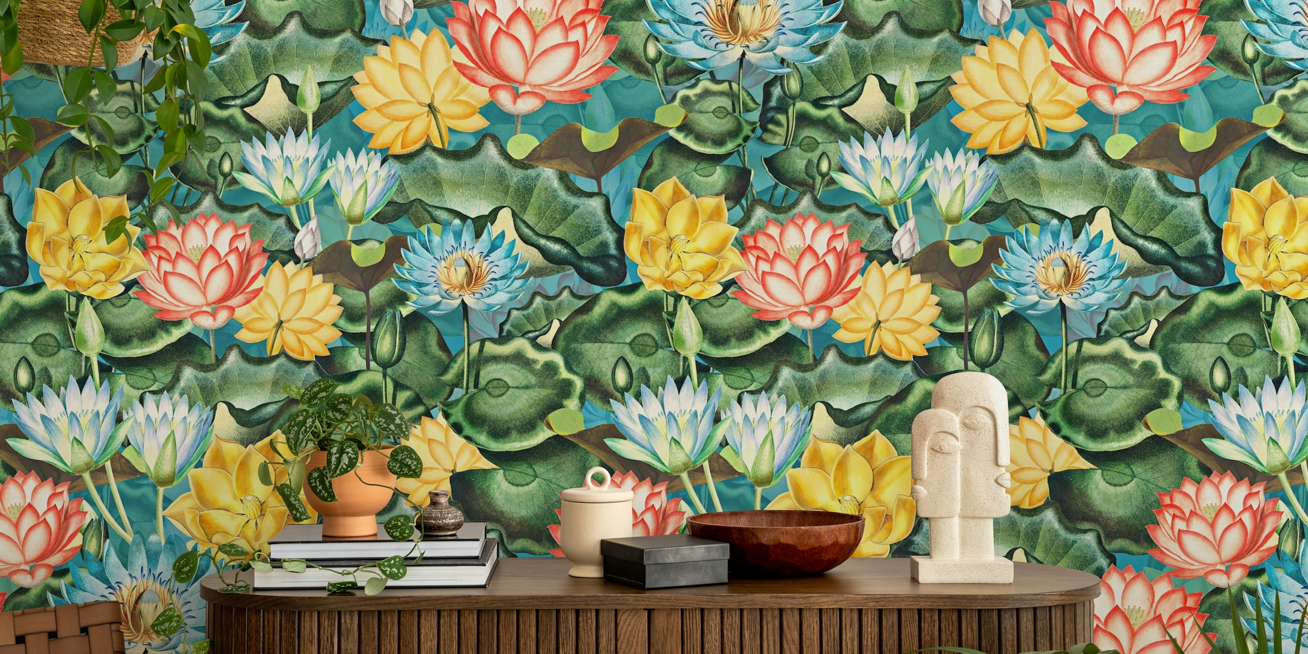 Vibrant lotus flowers wallpaper in a room