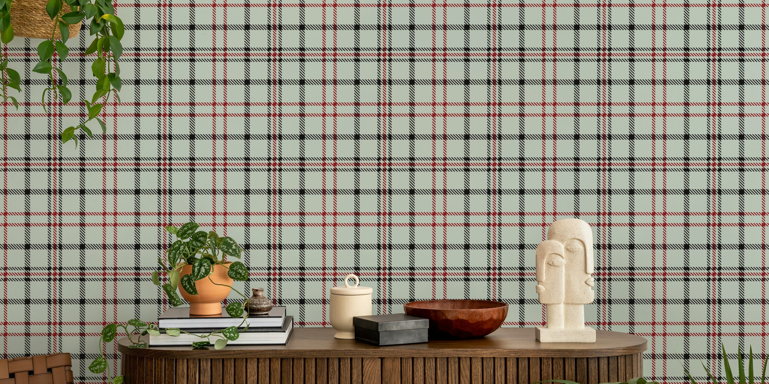 Duck egg tartan wallpaper in a room