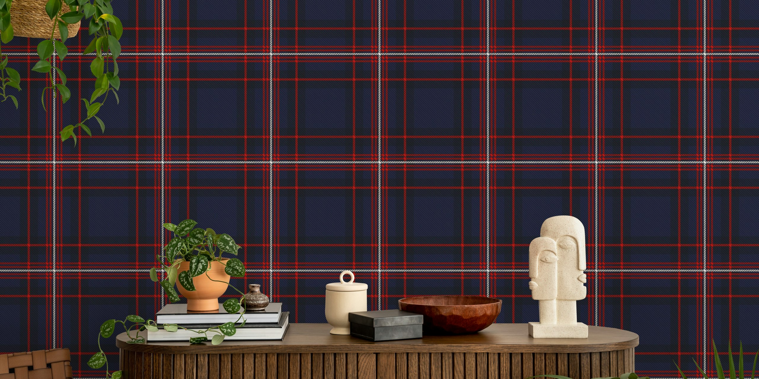 Navy and white tartan pattern with red accents wallpaper