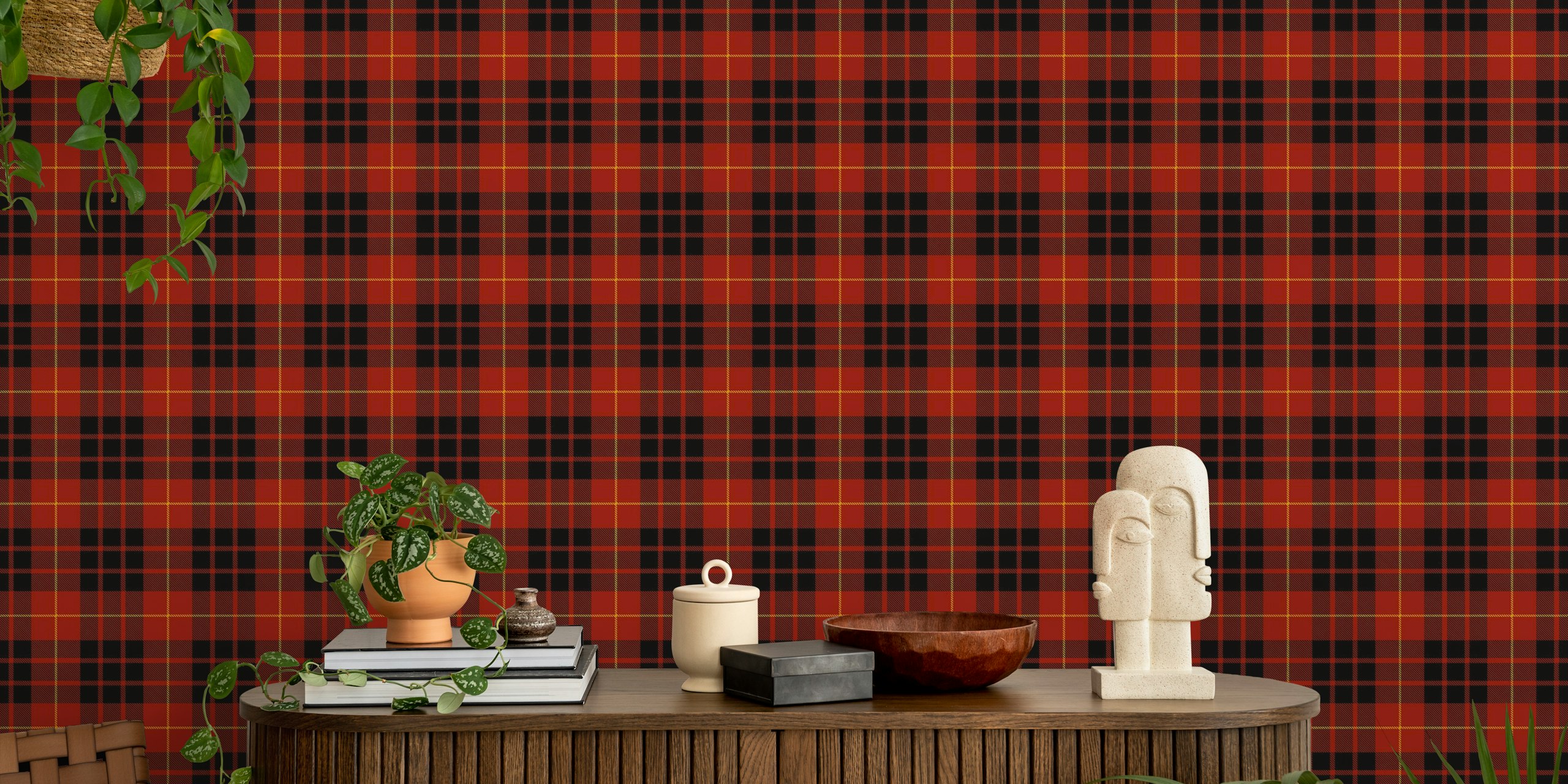 Red tartan pattern with black and yellow accents wallpaper