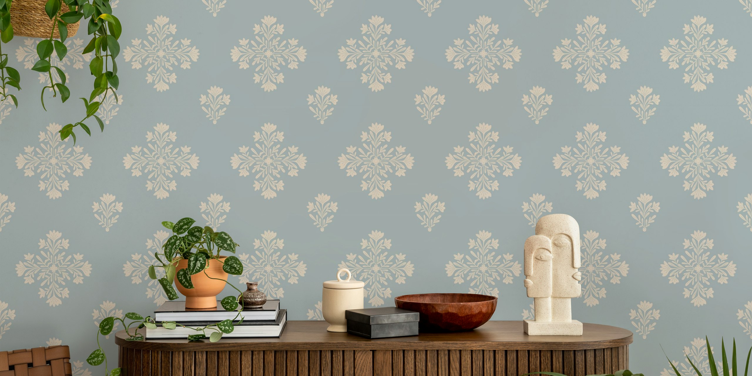 Chic botanical snowflake wallpaper in a room