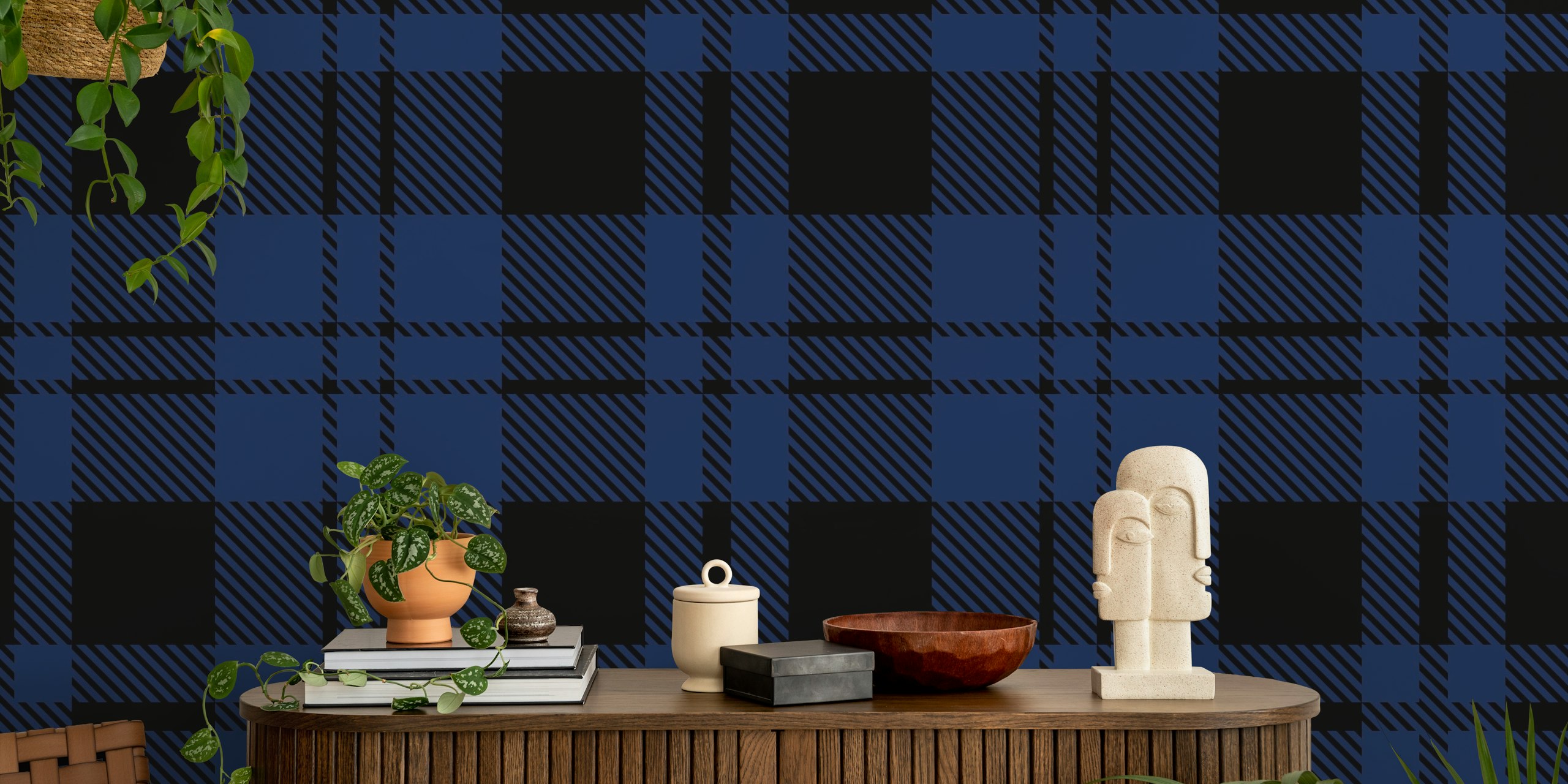 Navy blue plaid pattern wallpaper with black accents in a tartan design