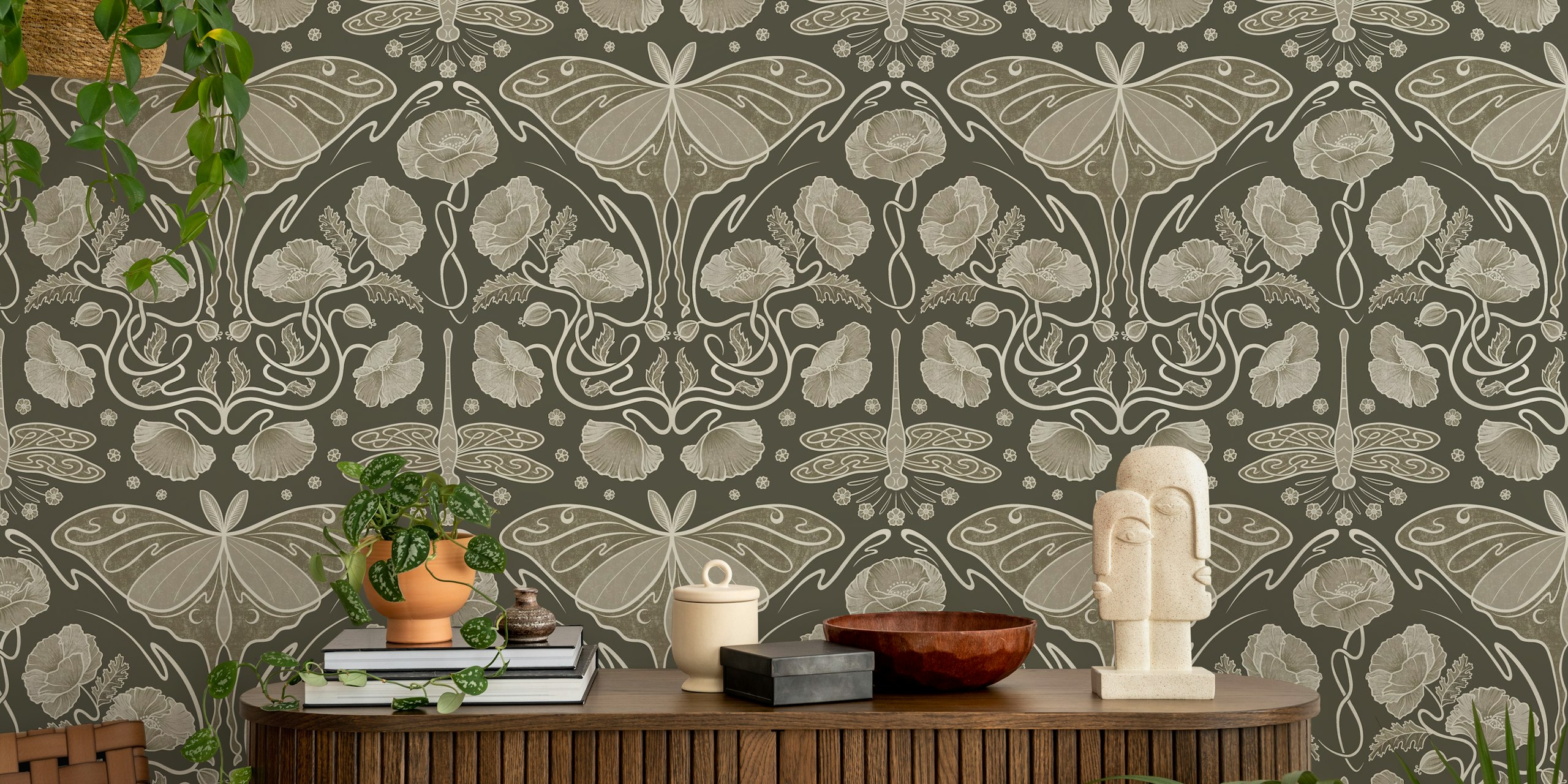 Art Nouveau Poppies και Luna Moth - Sepia σχέδιο ταπετσαρίας