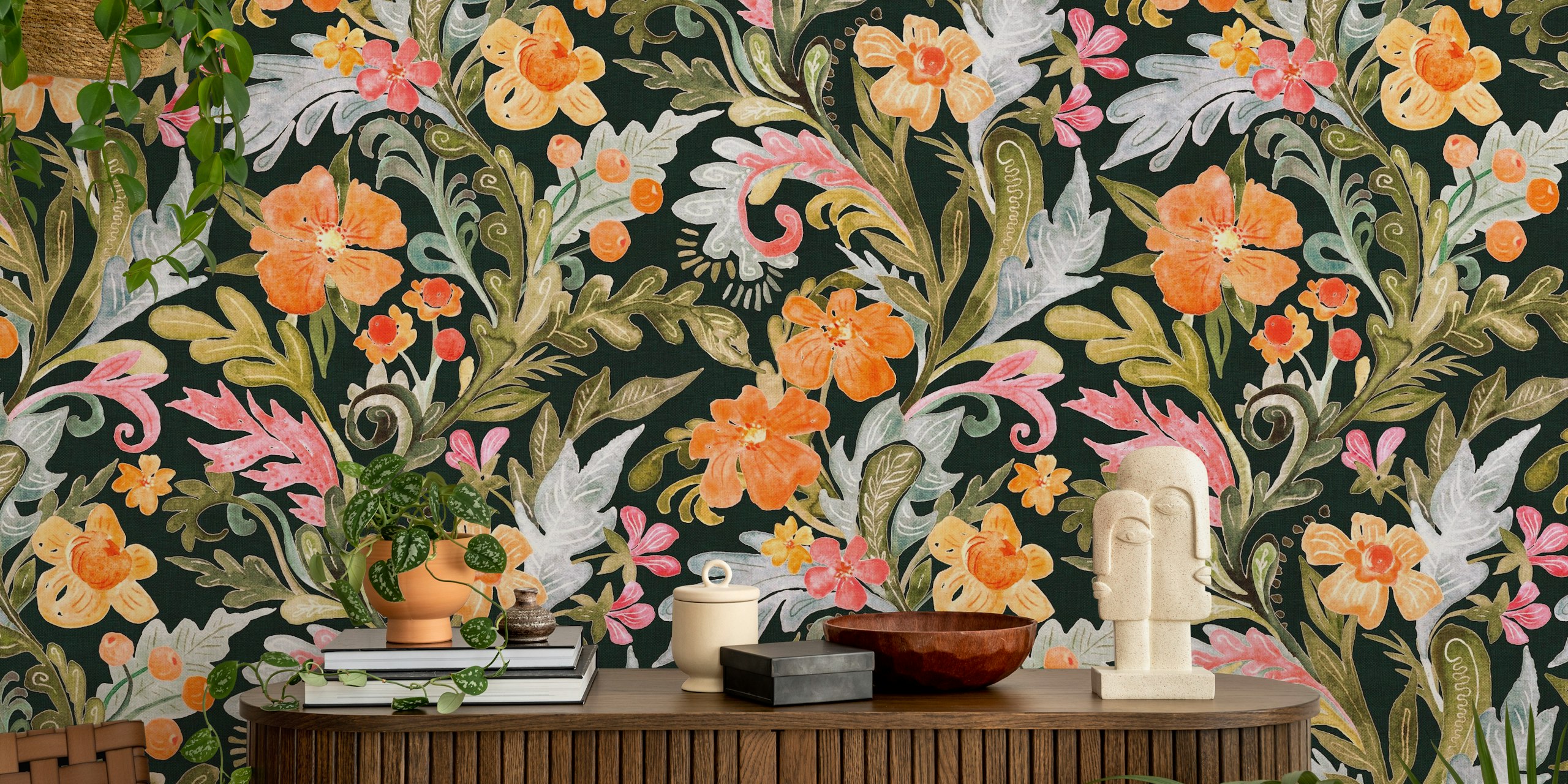 Maximalist Boho Watercolor Wallpaper in a room