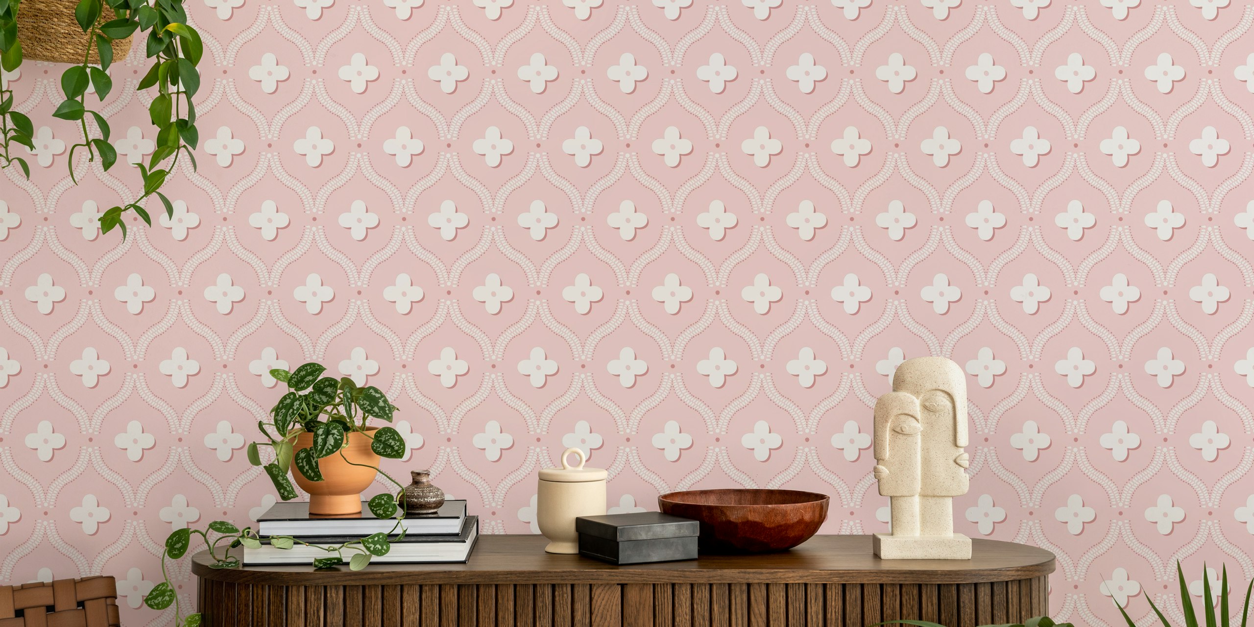 Quatrefoil trellis dusty pink wallpaper in room